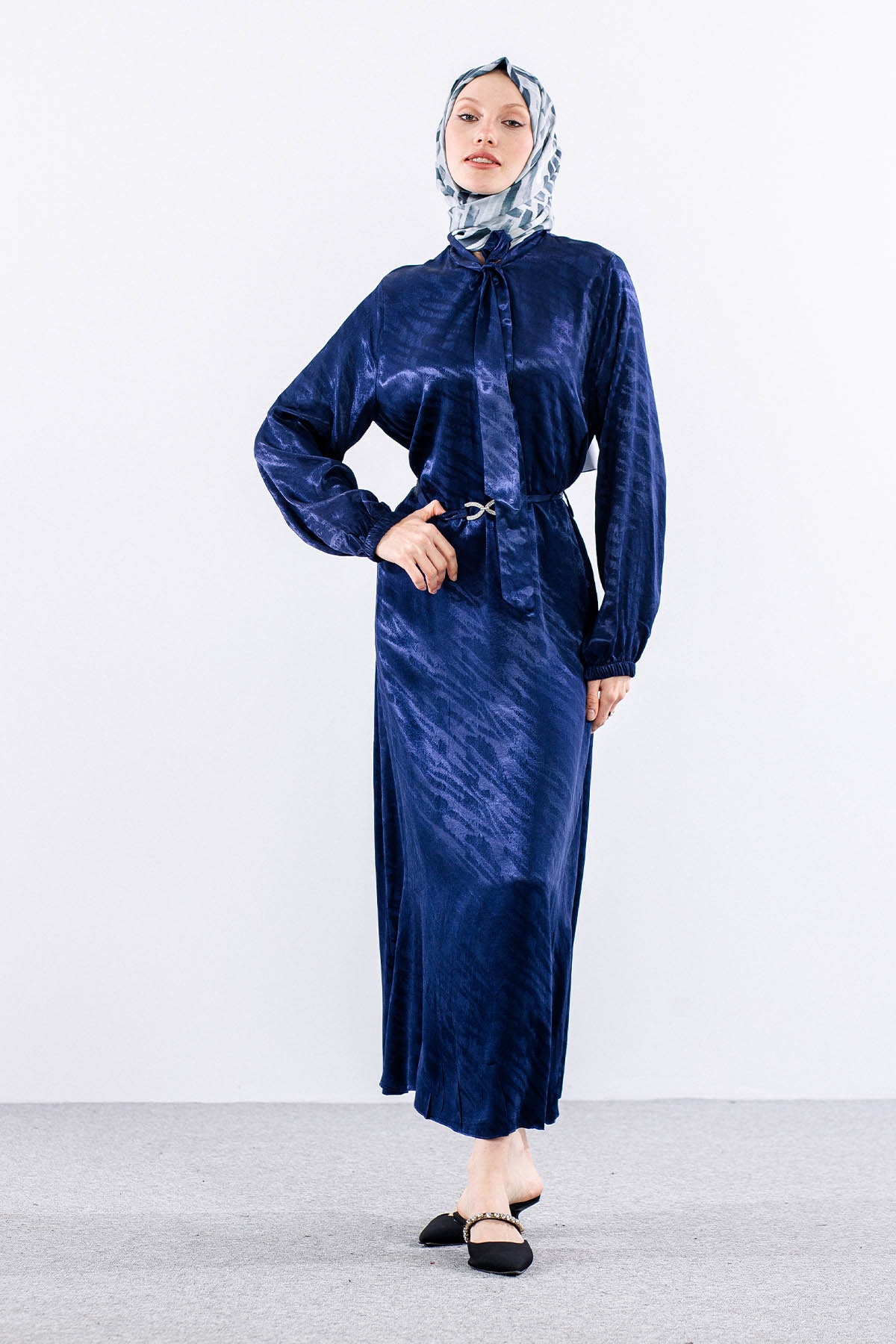 2575 Elbise 40-48 Saten Jakar - Lacivert - 2