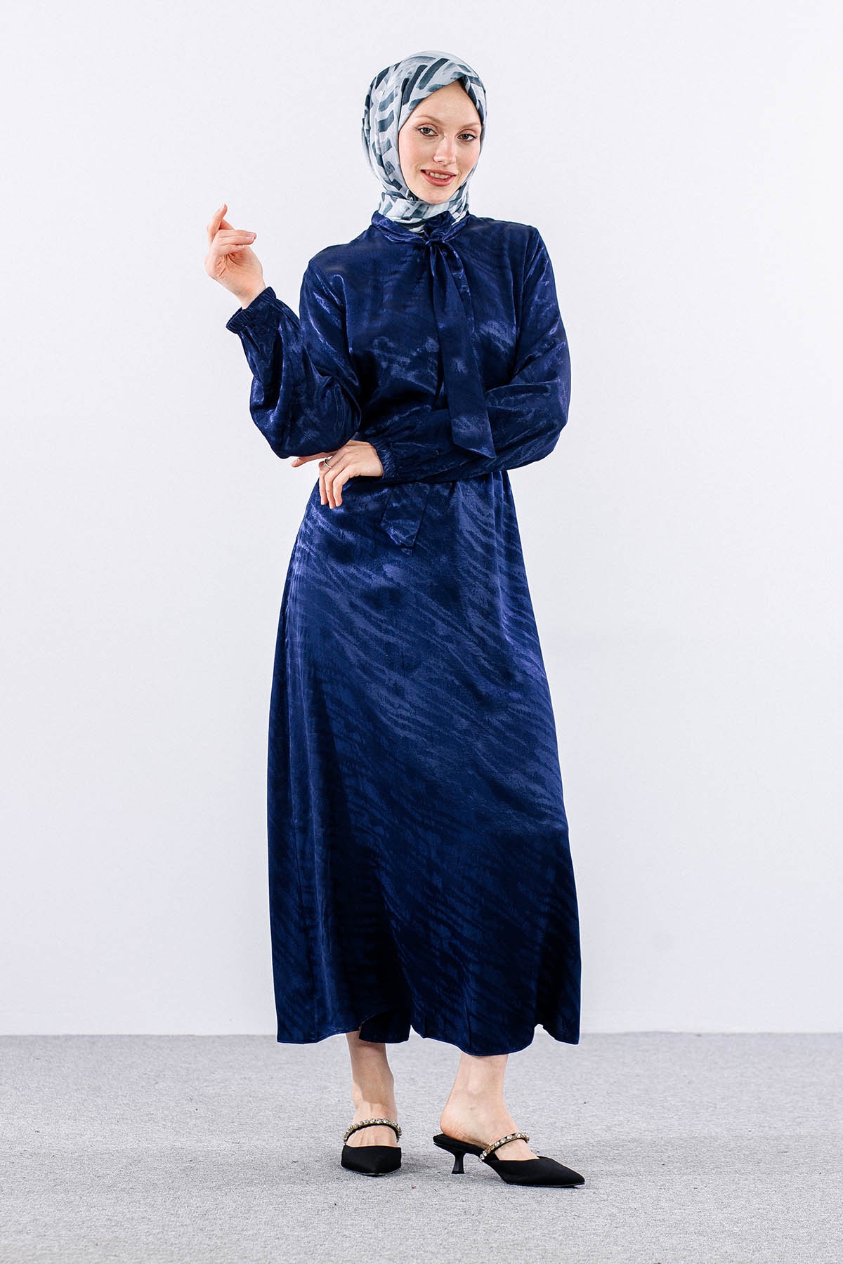 2575 Elbise 40-48 Saten Jakar - Lacivert - 3