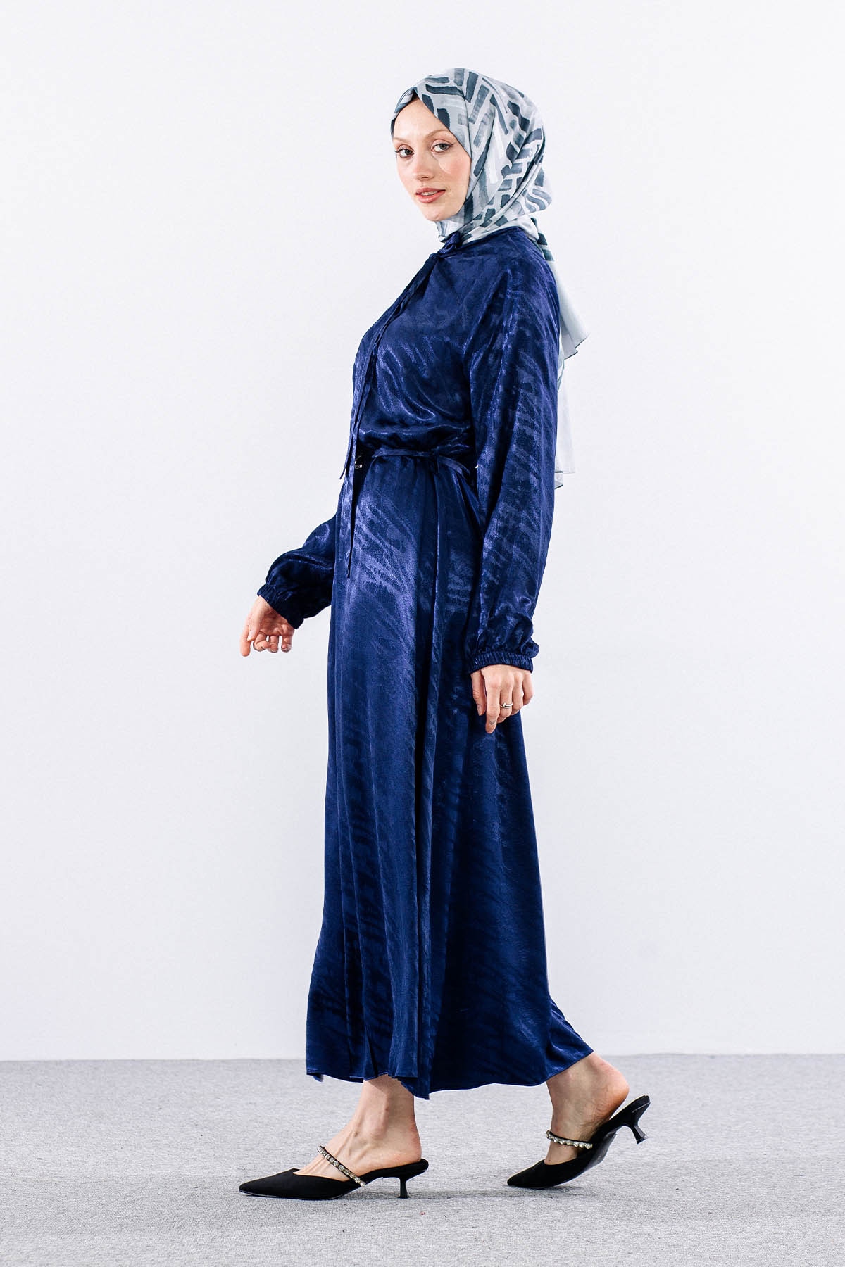 2575 Elbise 40-48 Saten Jakar - Lacivert - 5