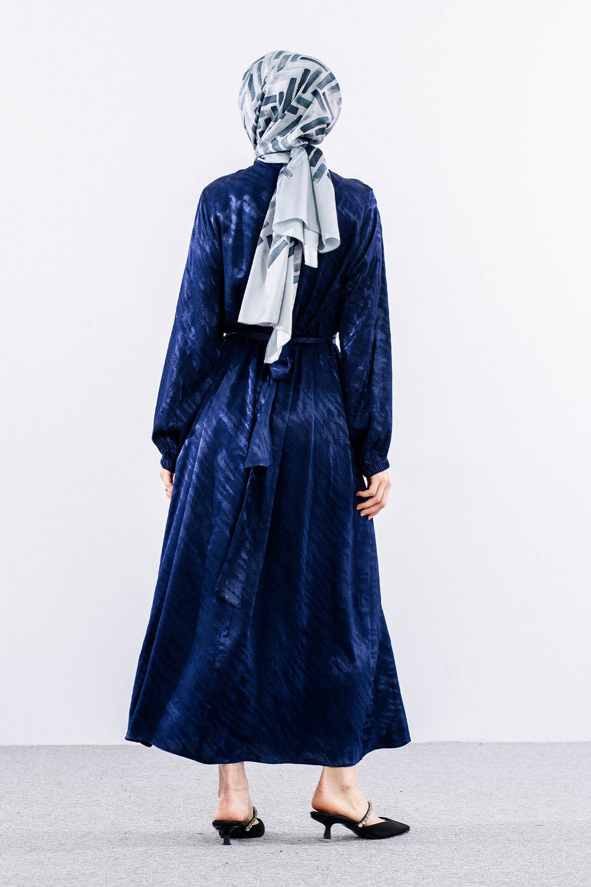 2575 Elbise 40-48 Saten Jakar - Lacivert - 6