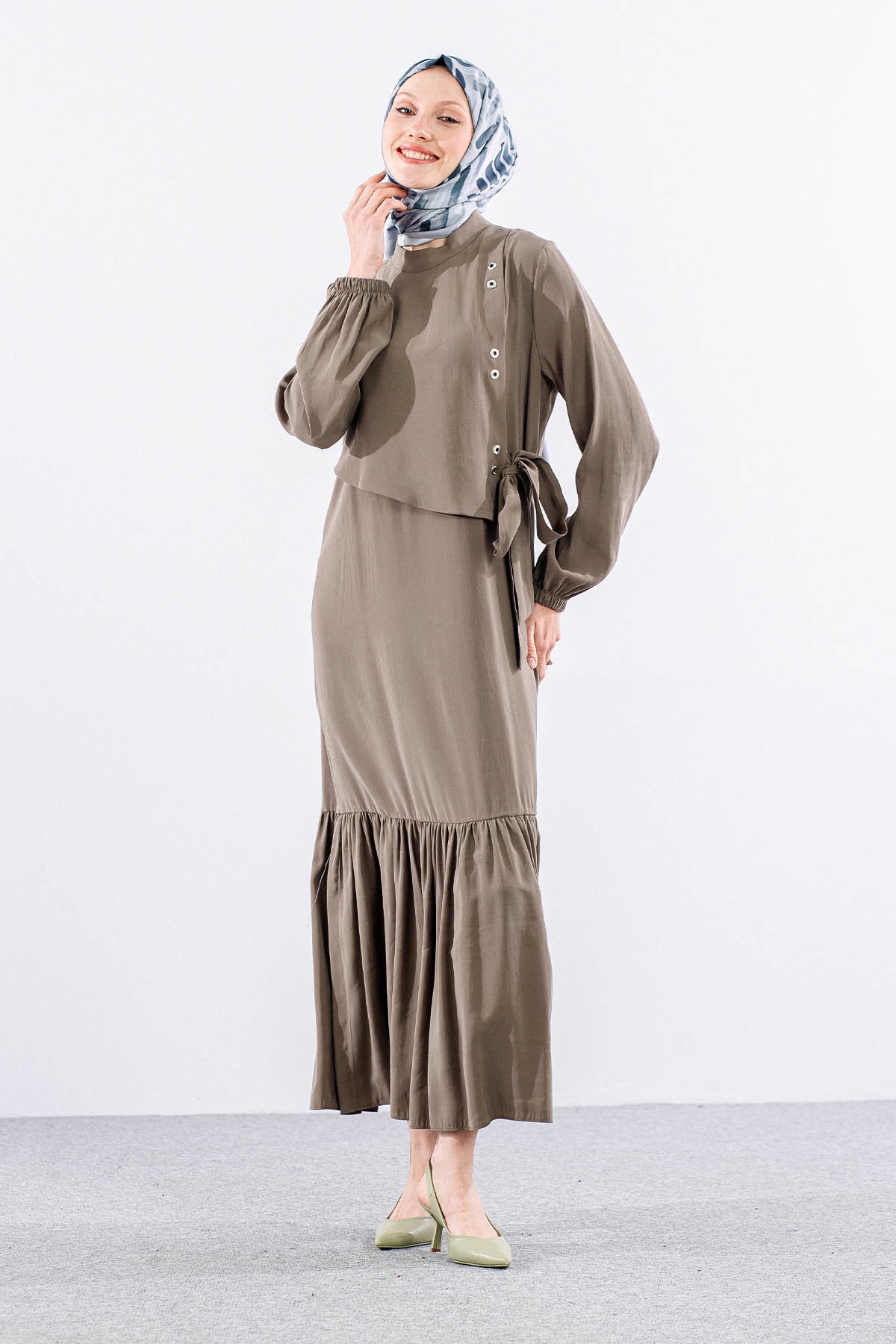 2576 Elbise 38-46 Aller Kuşgözü Detay - Haki - 3