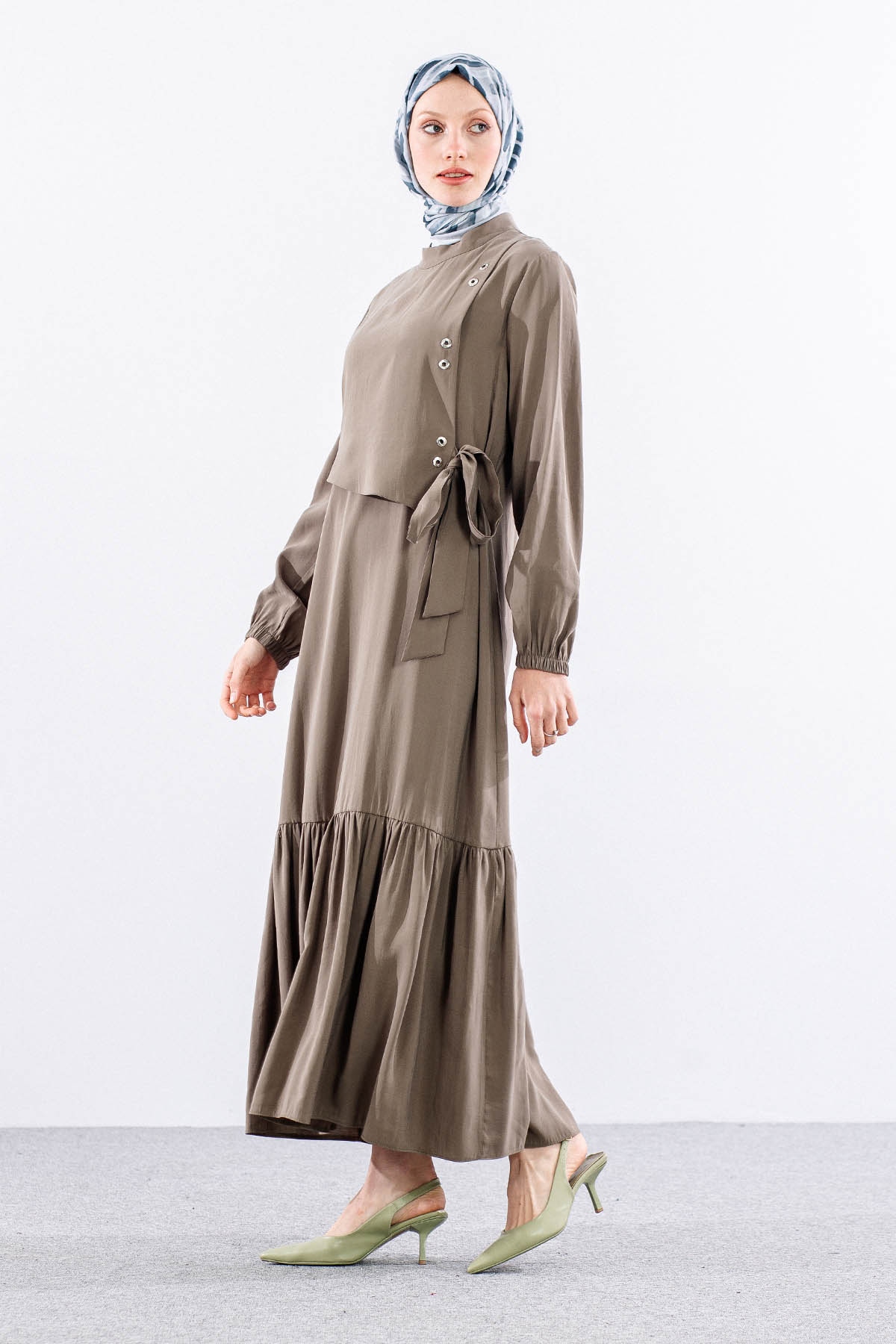 2576 Elbise 38-46 Aller Kuşgözü Detay - Haki - 4
