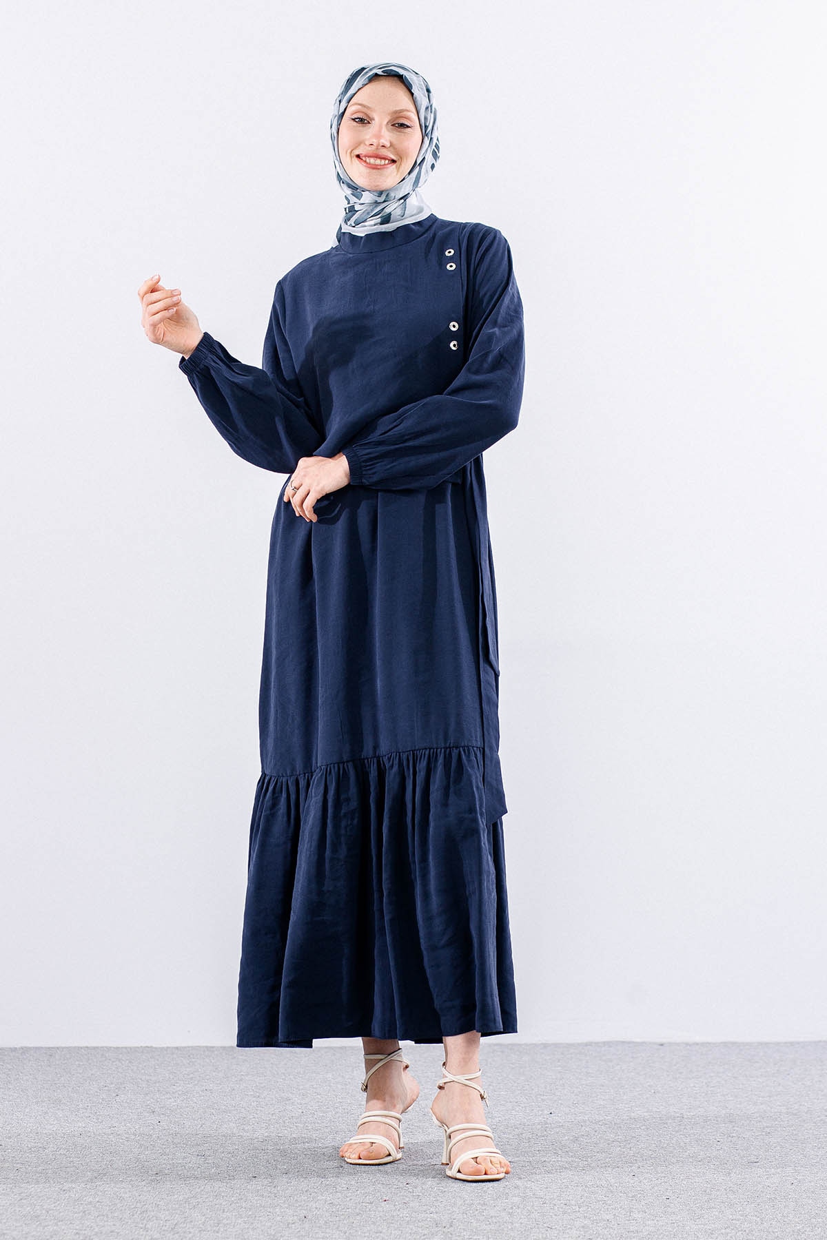 2576 Elbise 38-46 Aller Kuşgözü Detay - Lacivert - 1
