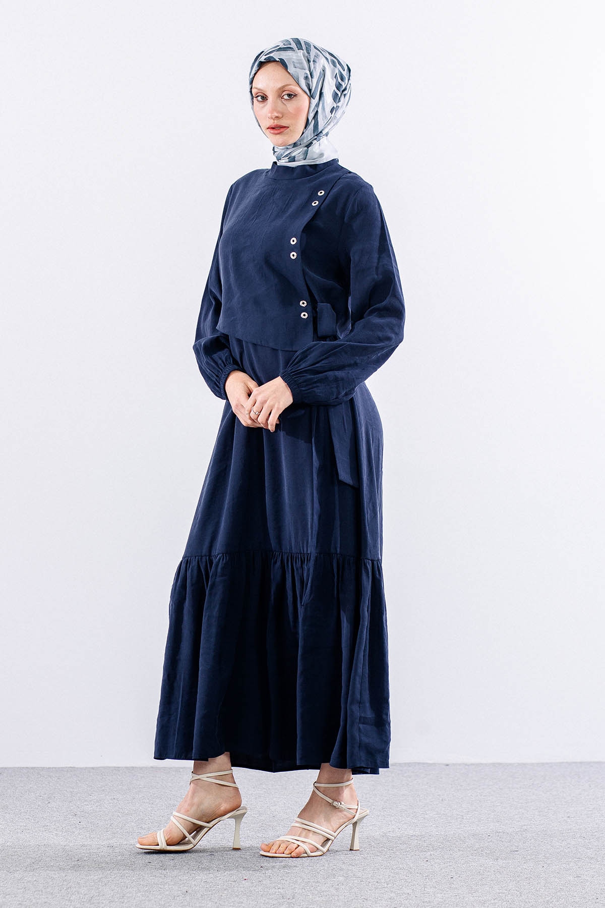 2576 Elbise 38-46 Aller Kuşgözü Detay - Lacivert - 2