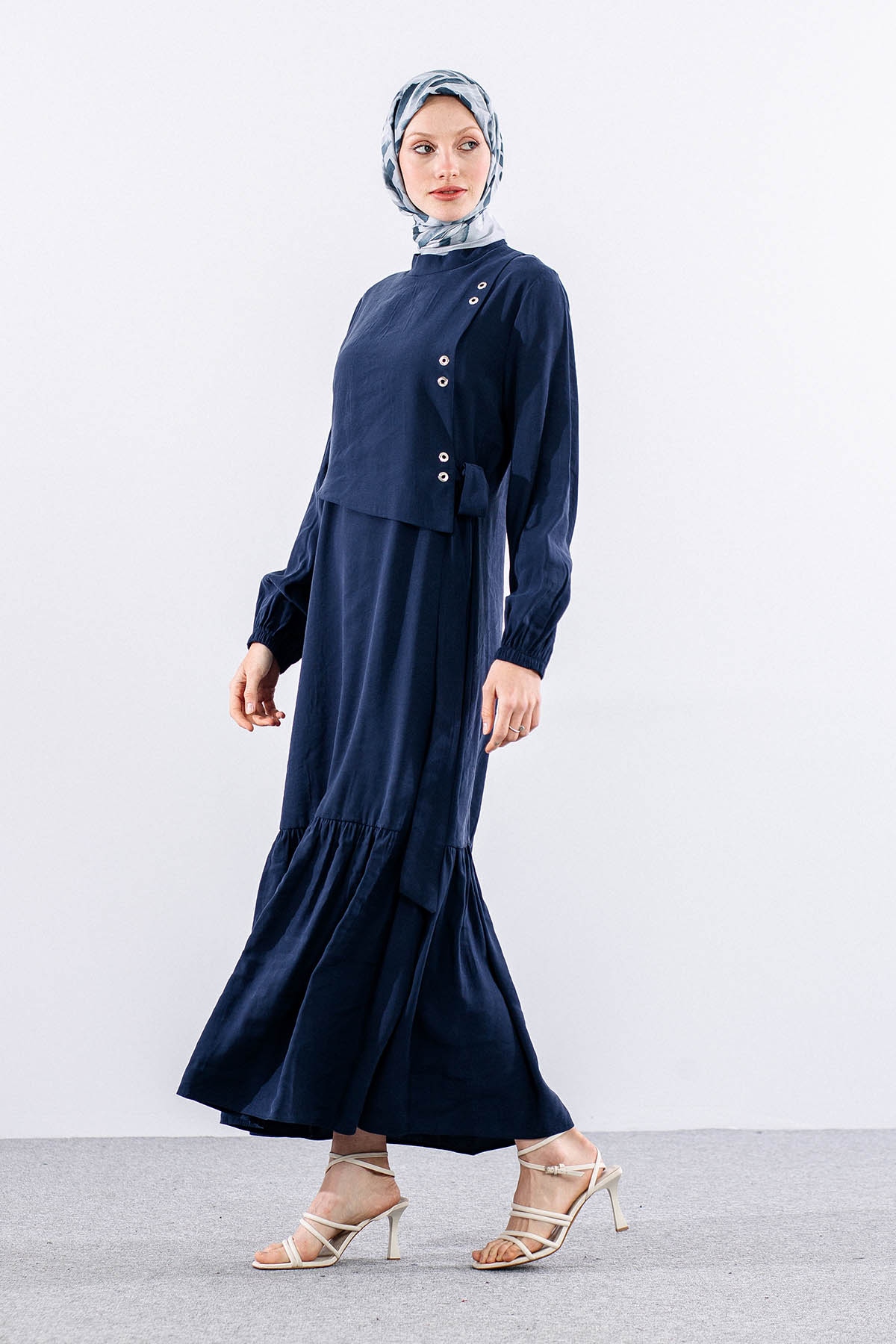 2576 Elbise 38-46 Aller Kuşgözü Detay - Lacivert - 3