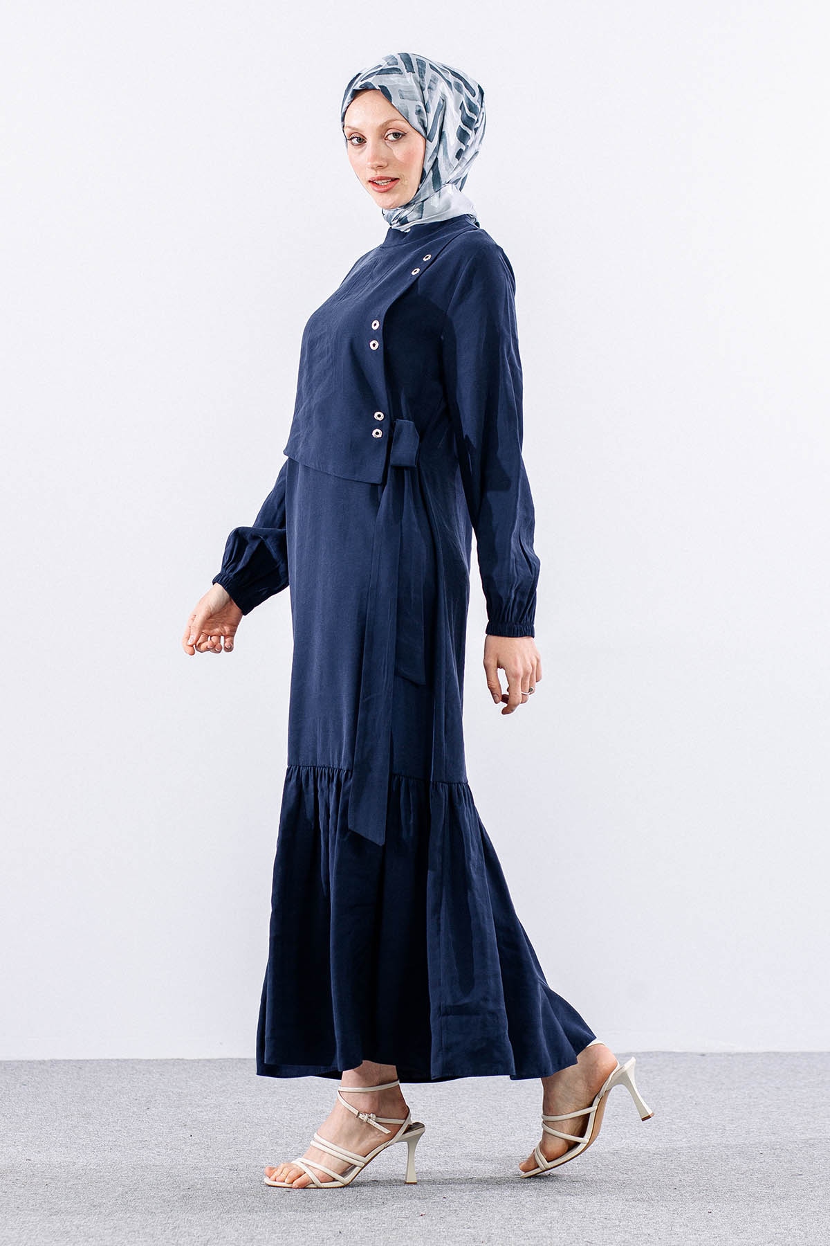 2576 Elbise 38-46 Aller Kuşgözü Detay - Lacivert - 4