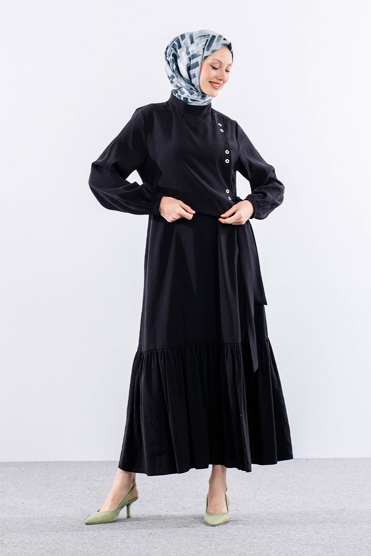 2576 Elbise 38-46 Aller Kuşgözü Detay - Siyah - 2