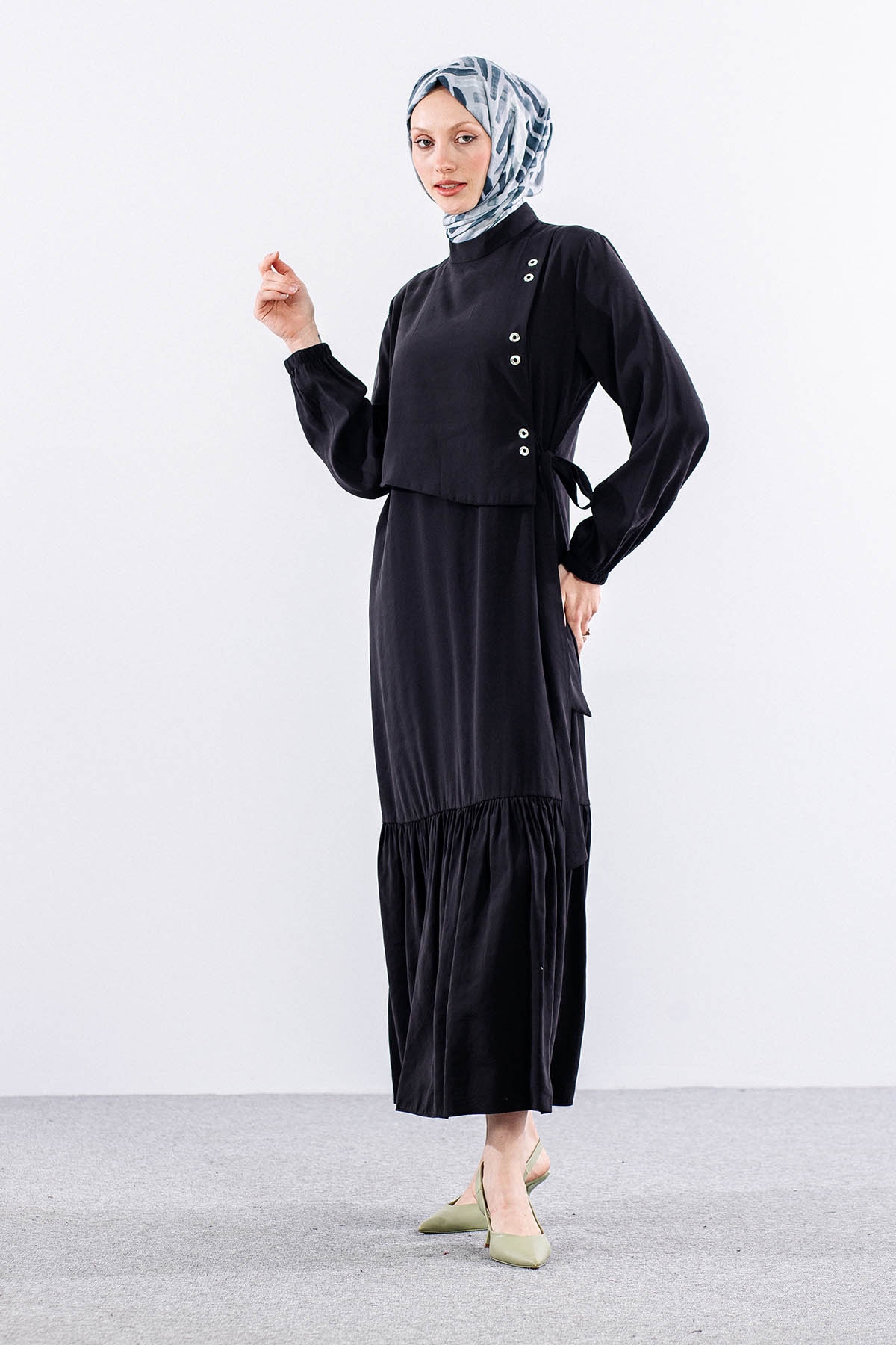 2576 Elbise 38-46 Aller Kuşgözü Detay - Siyah - 3