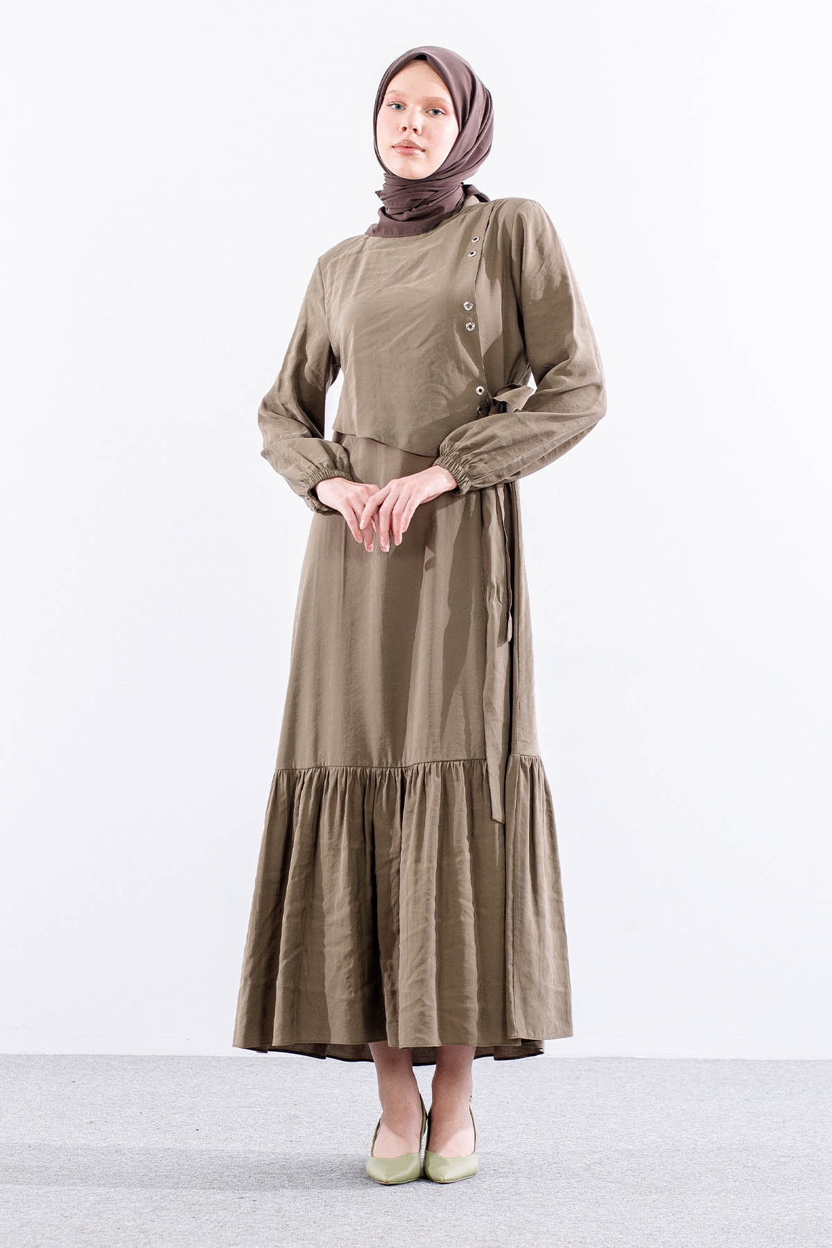 2576 Elbise 38-48 Kusgozu Detay - Haki - 1