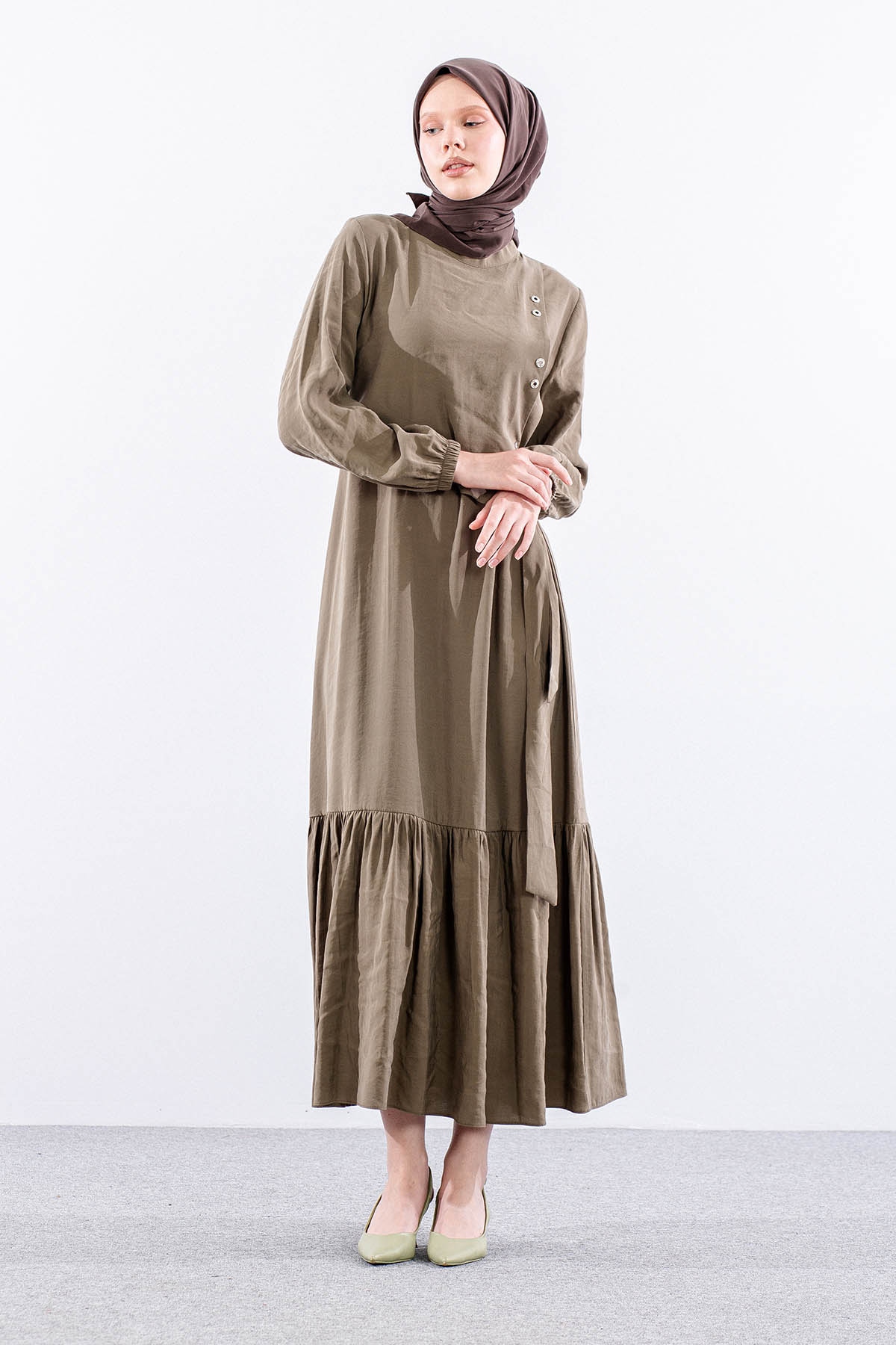 2576 Elbise 38-48 Kusgozu Detay - Haki - 2