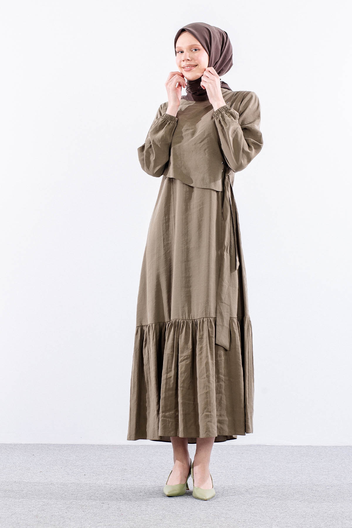 2576 Elbise 38-48 Kusgozu Detay - Haki - 3