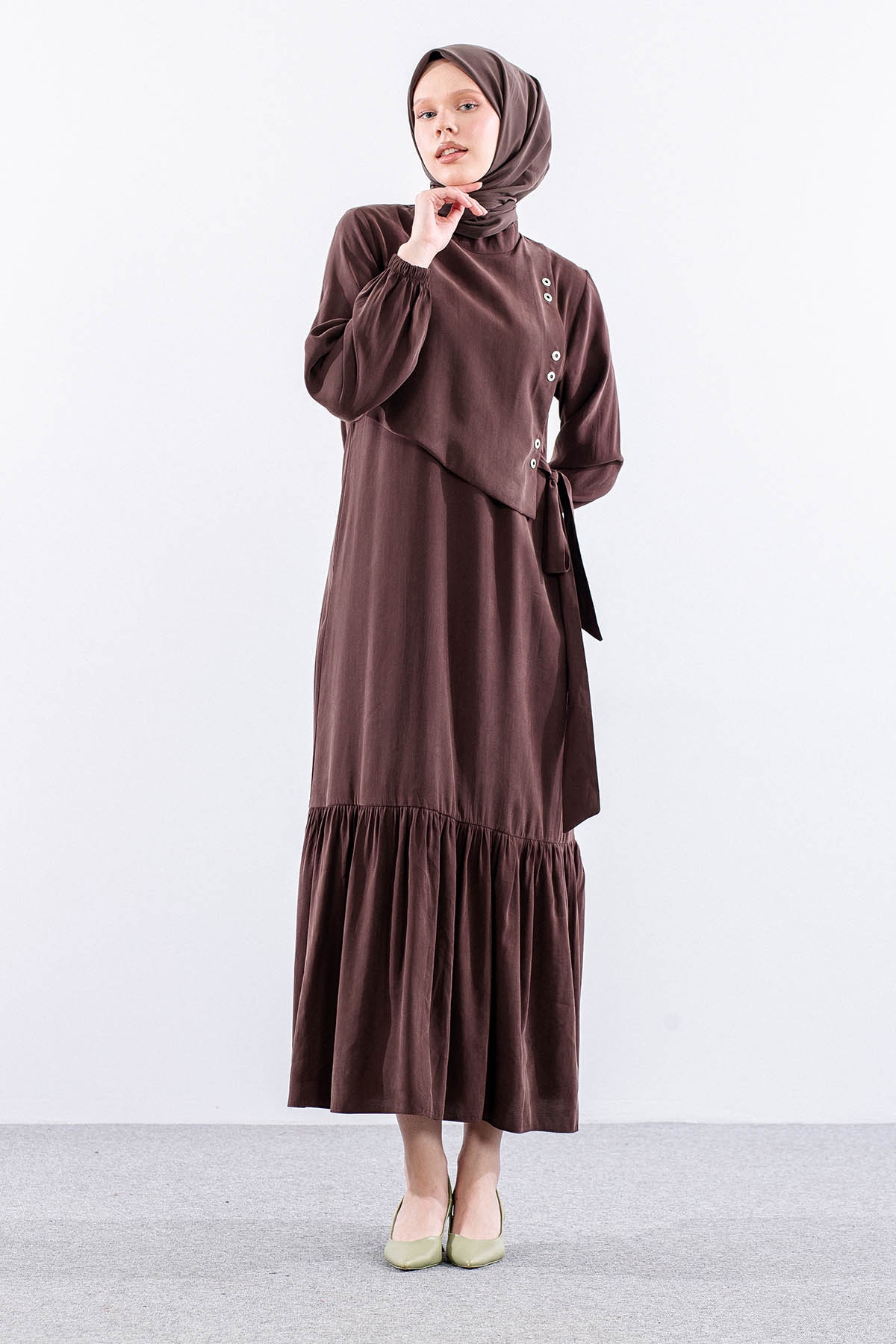 2576 Elbise 38-48 Kusgozu Detay - Kahve - 2