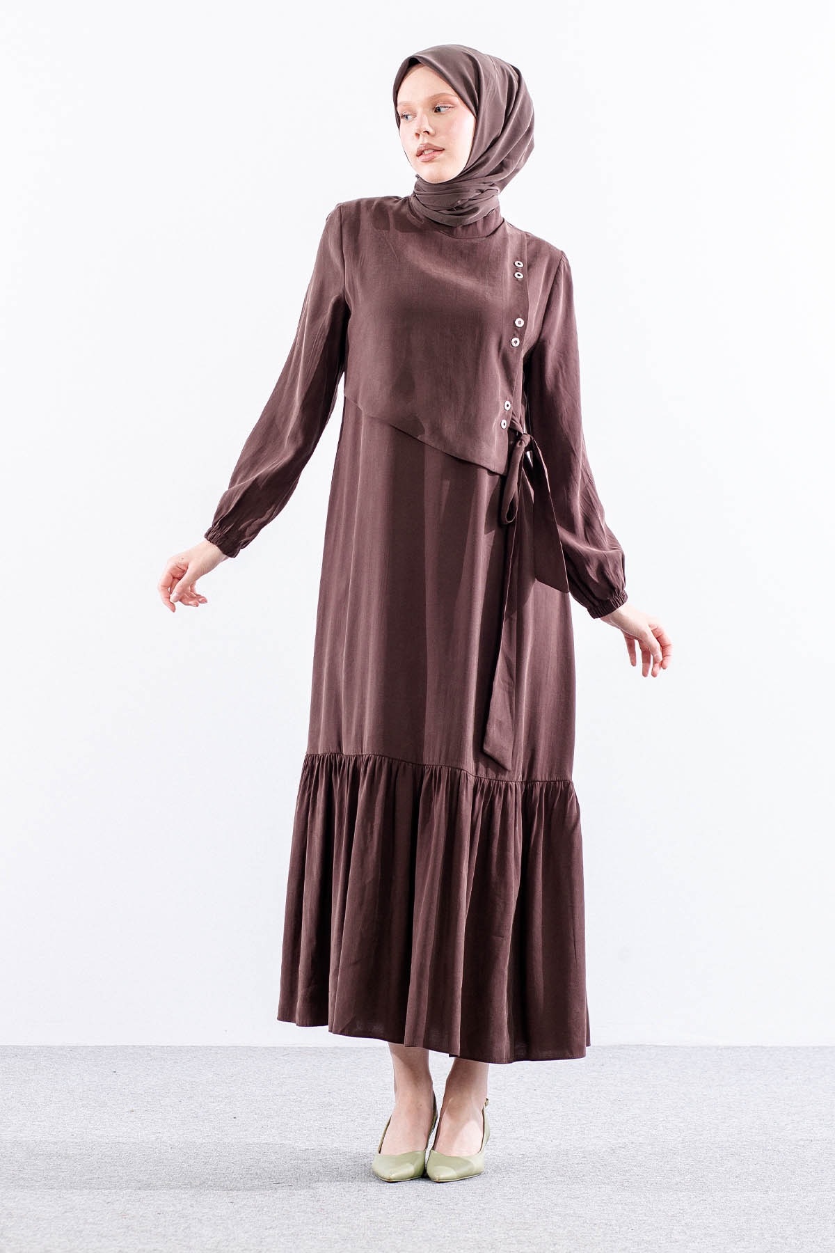 2576 Elbise 38-48 Kusgozu Detay - Kahve - 3