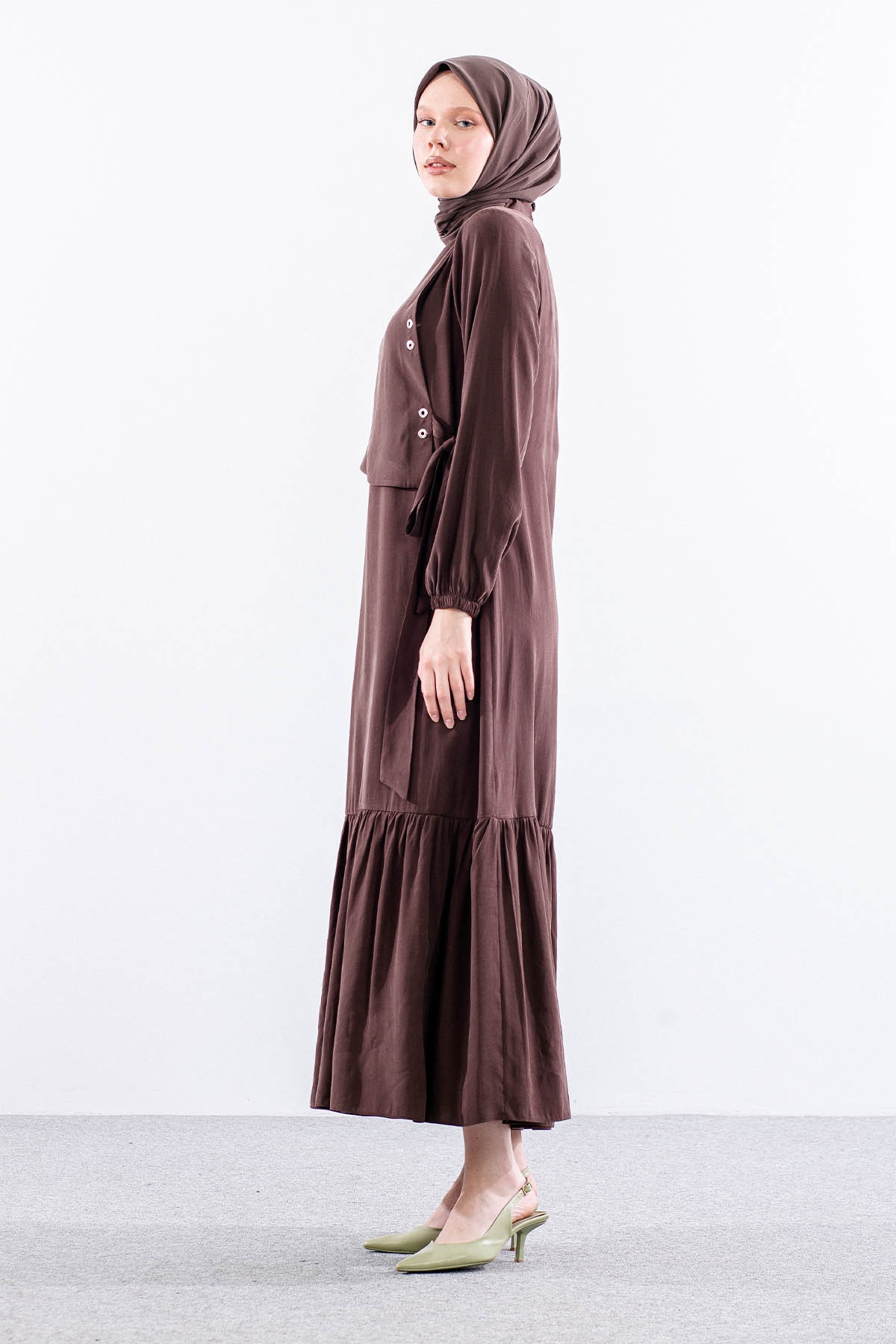 2576 Elbise 38-48 Kusgozu Detay - Kahve - 4