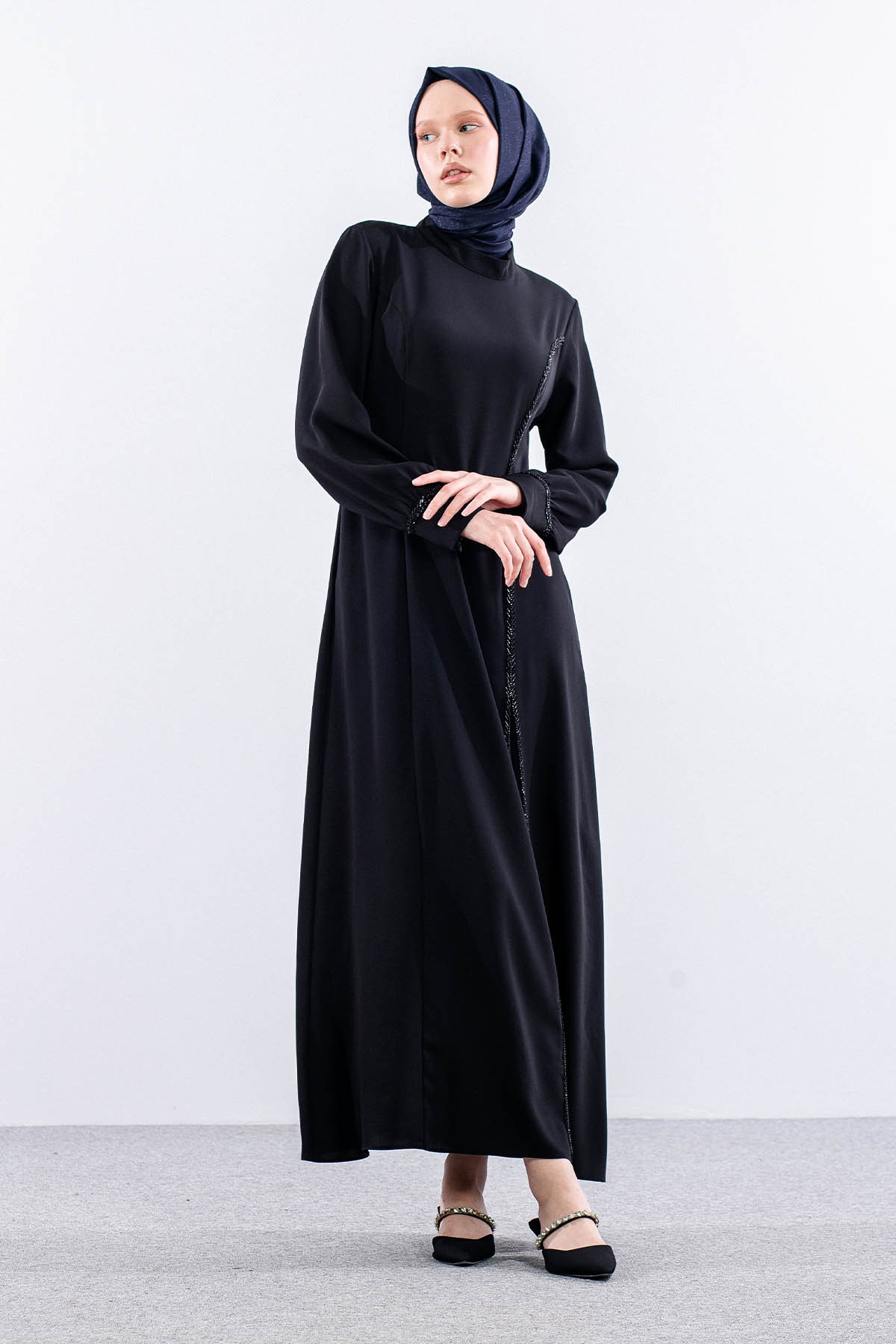 2579 Elbise 42-50 Boncuk ısleme Detay - Siyah - 1