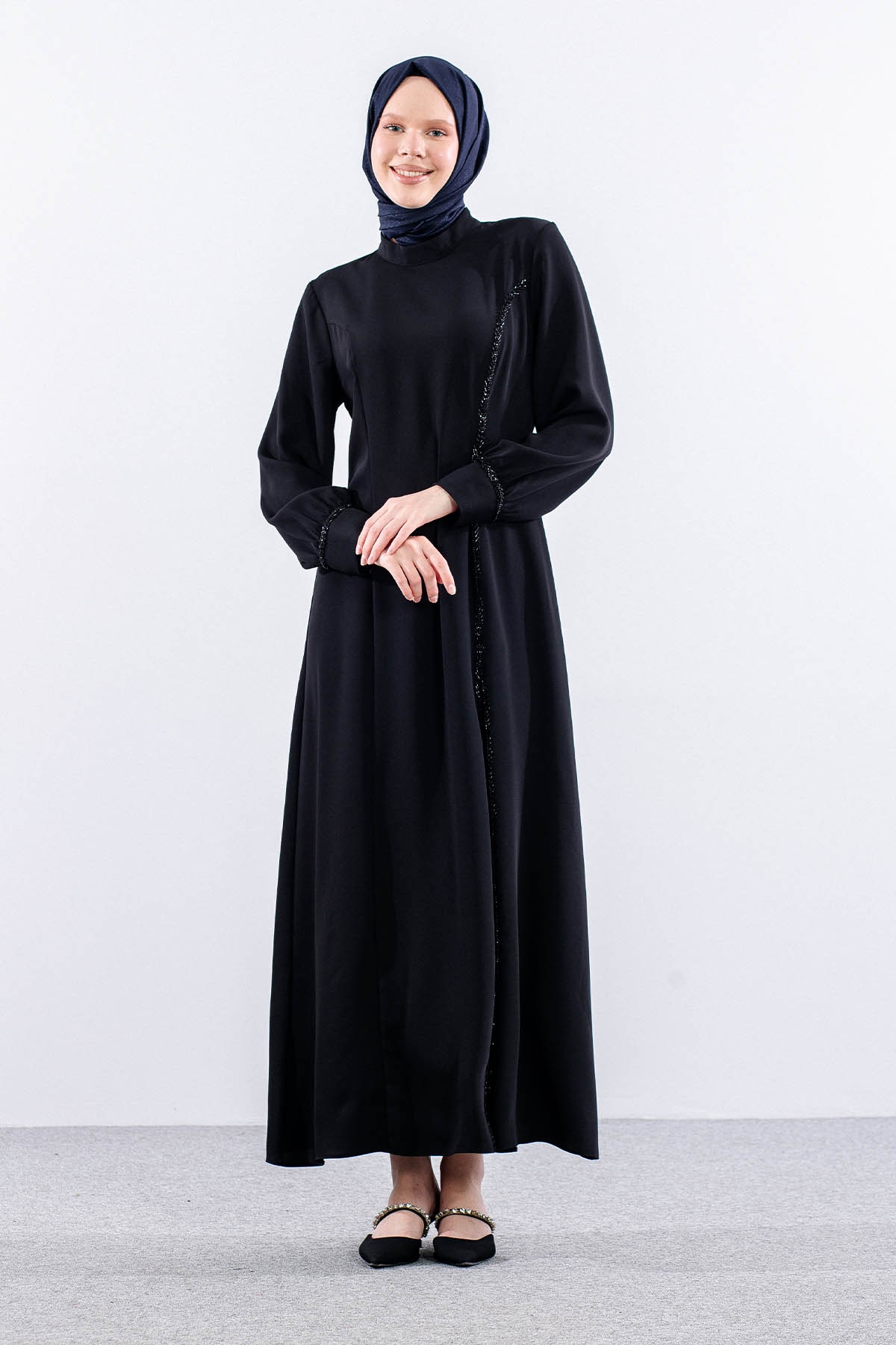 2579 Elbise 42-50 Boncuk ısleme Detay - Siyah - 2