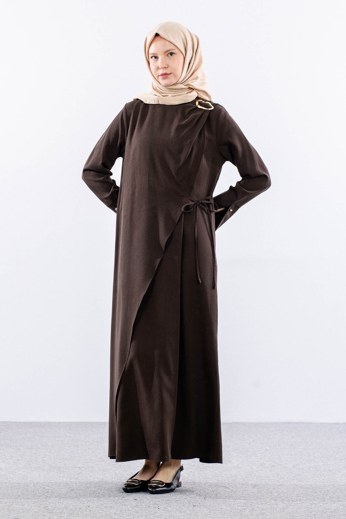 2580 Elbise 38-46 Omuz Toka Detay - Kahve - 2