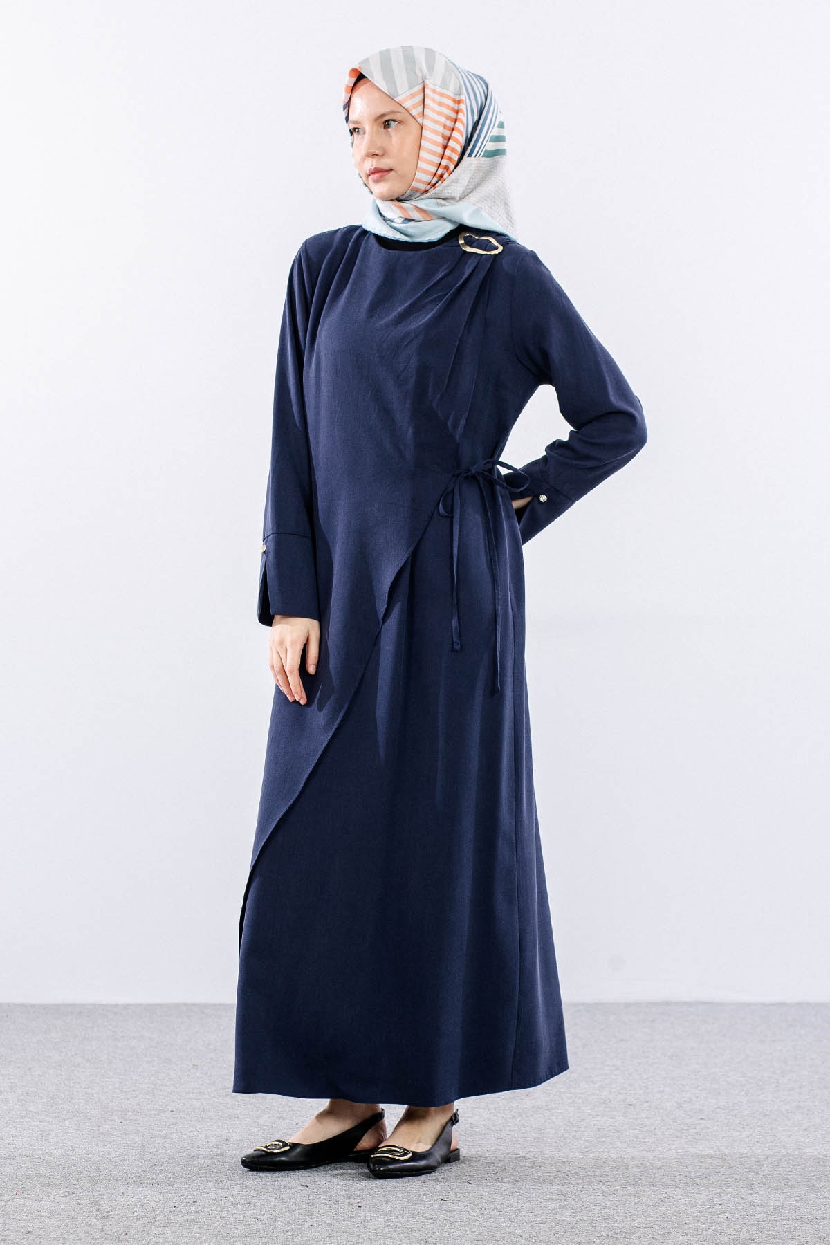 2580 Elbise 38-46 Omuz Toka Detay - Lacivert - 2