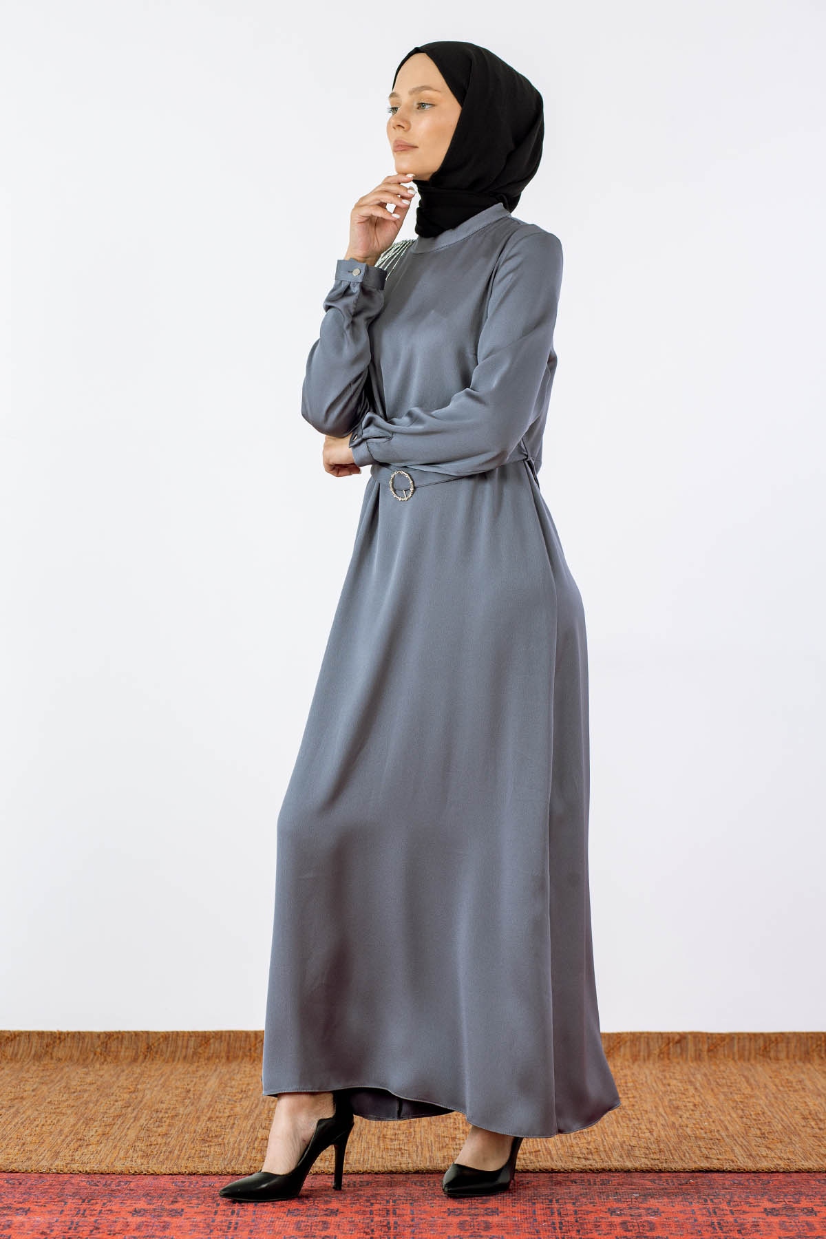 2660 Saten Elbise 42-50 - Antrasit - 2