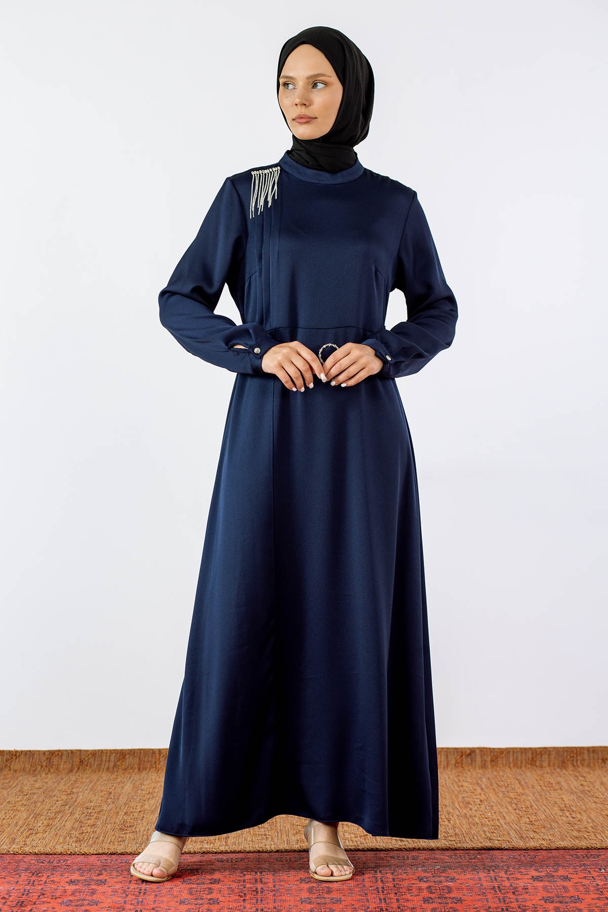 2660 Saten Elbise 42-50 - Lacivert - 1