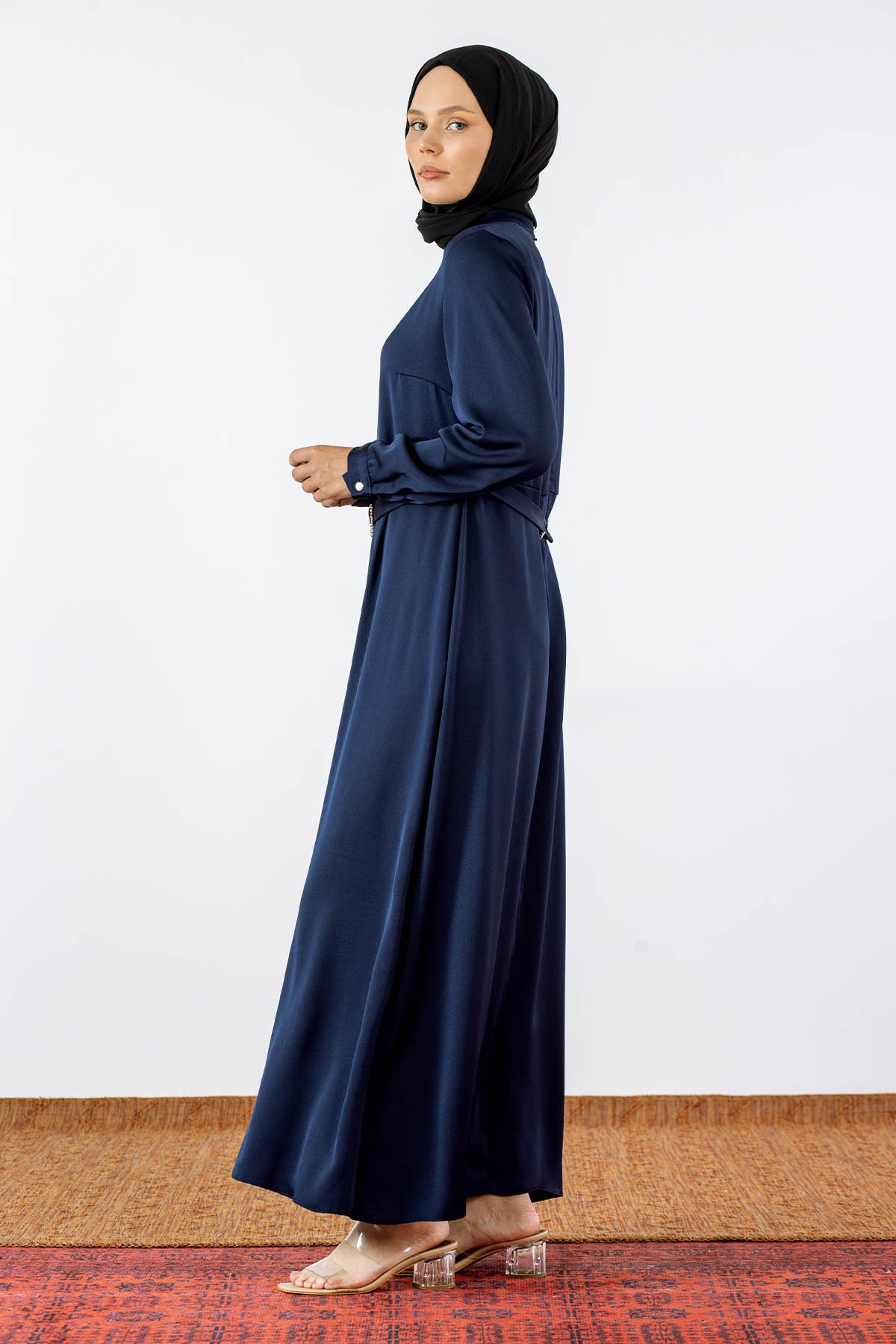 2660 Saten Elbise 42-50 - Lacivert - 2