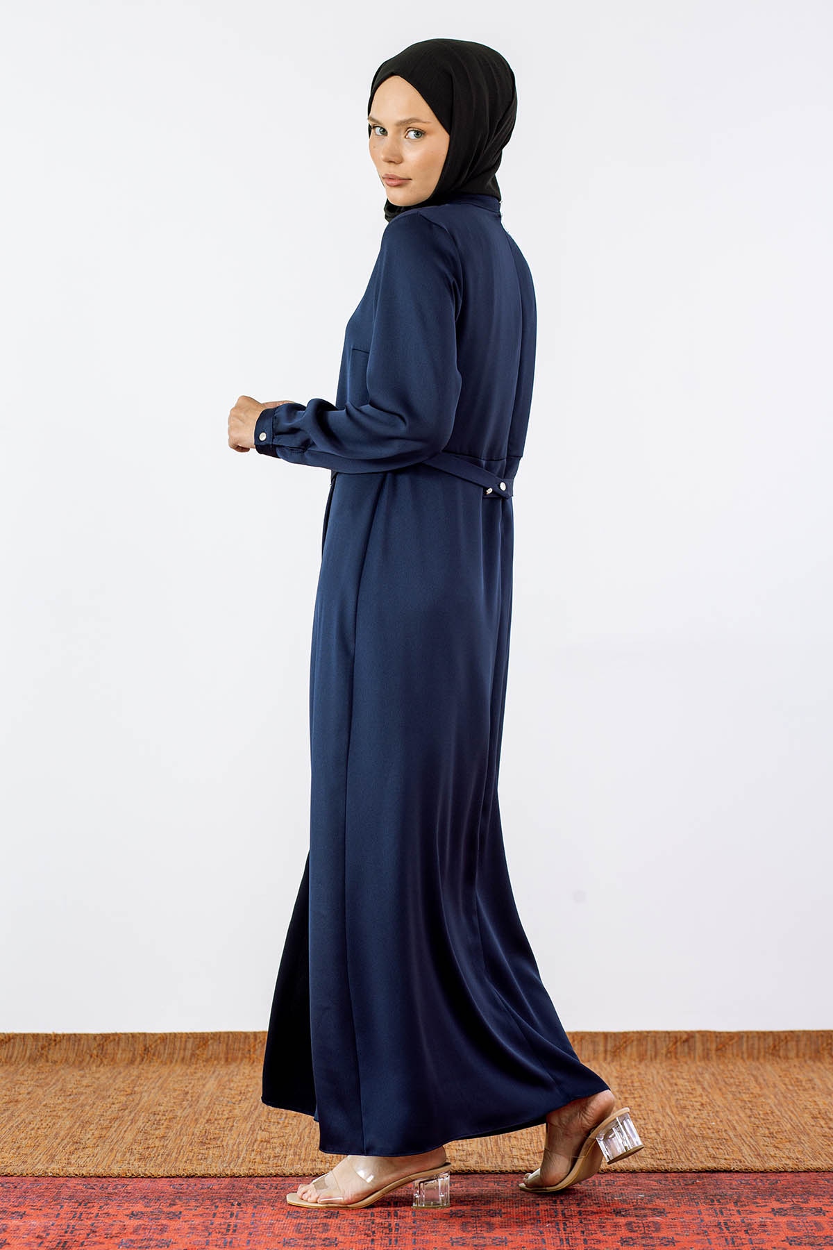 2660 Saten Elbise 42-50 - Lacivert - 4