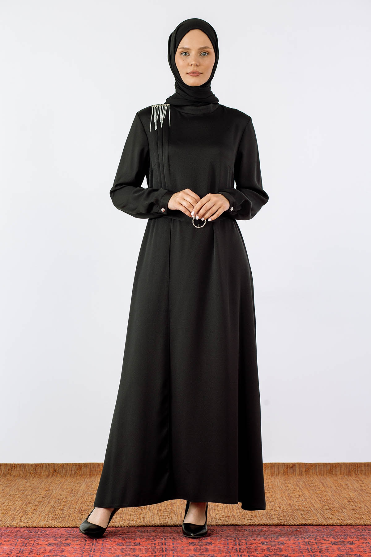 2660 Saten Elbise 42-50 - Siyah - 1