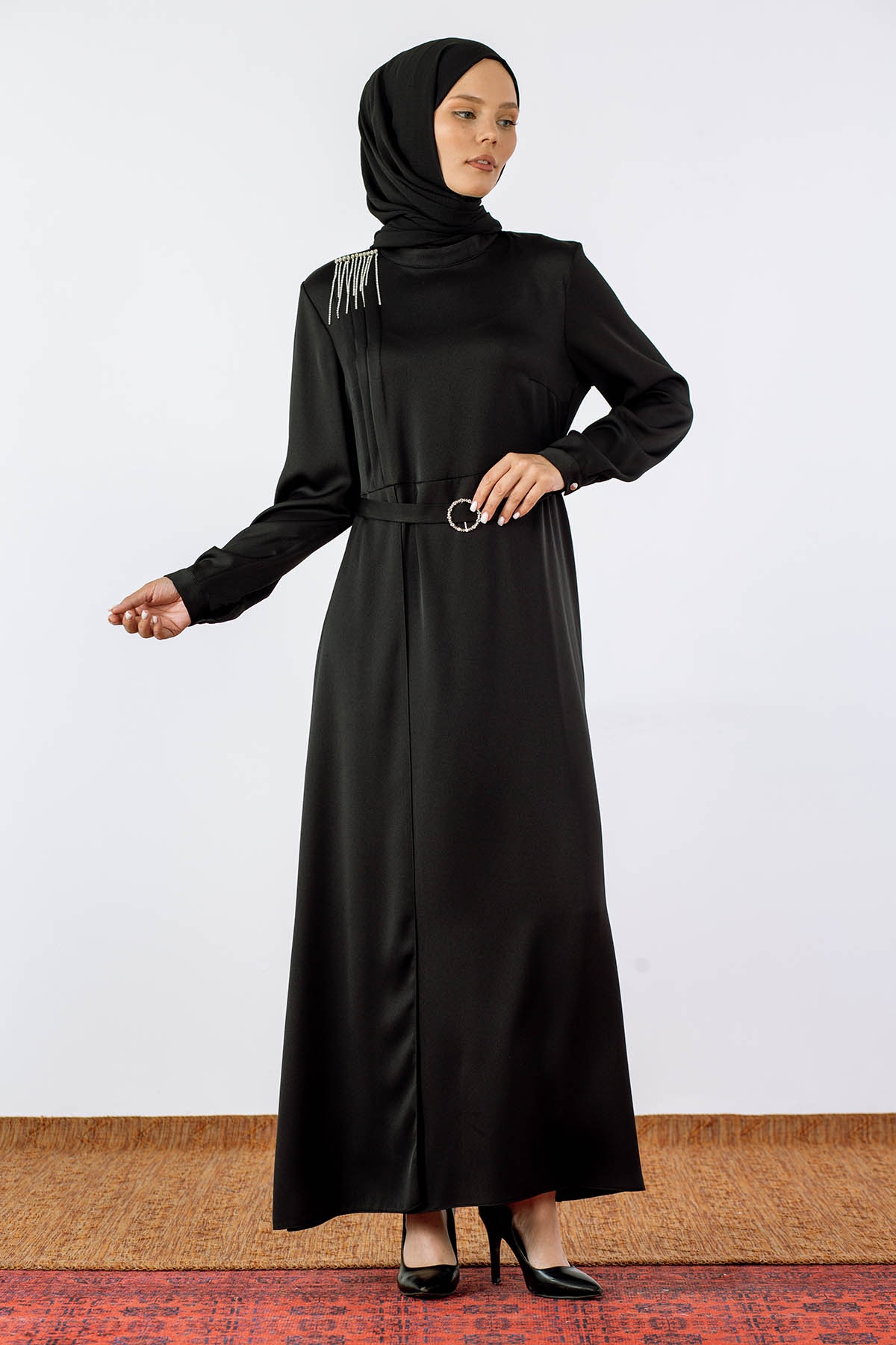 2660 Saten Elbise 42-50 - Siyah - 2