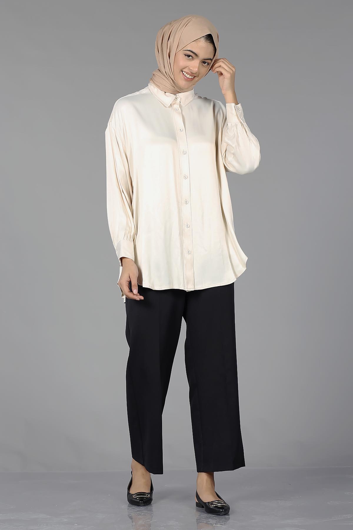 26985 Saten Gömlek Tek - Bej - 1