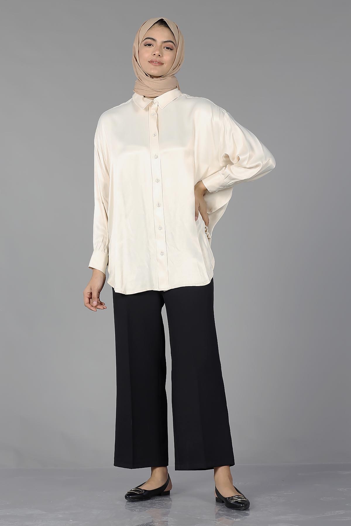 26985 Saten Gömlek Tek - Bej - 2