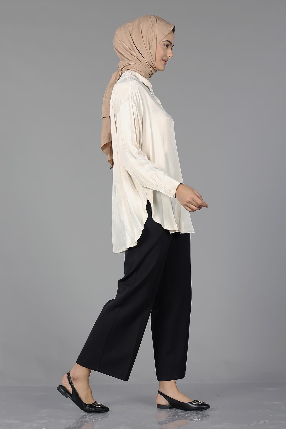 26985 Saten Gömlek Tek - Bej - 3