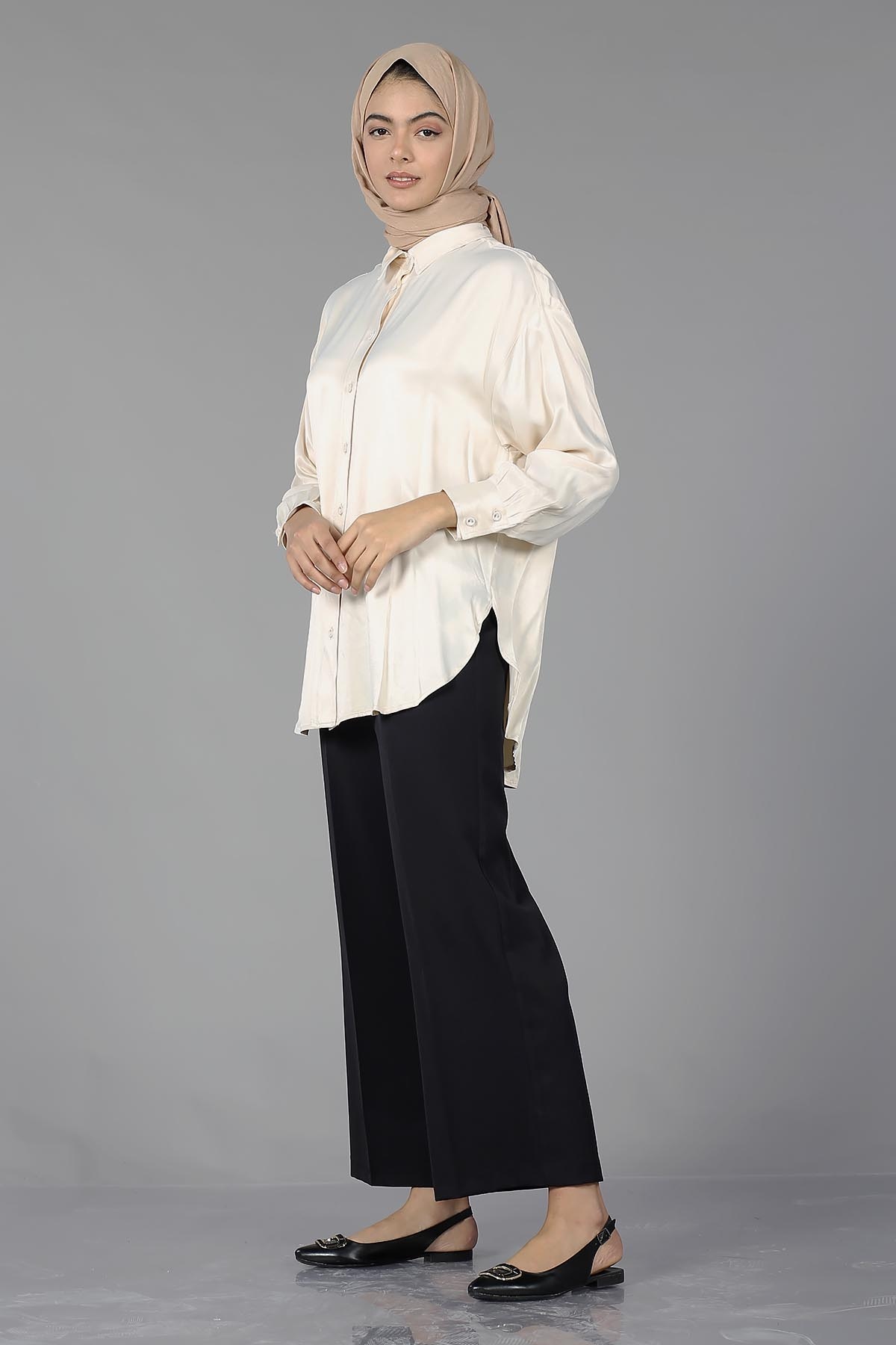 26985 Saten Gömlek Tek - Bej - 4