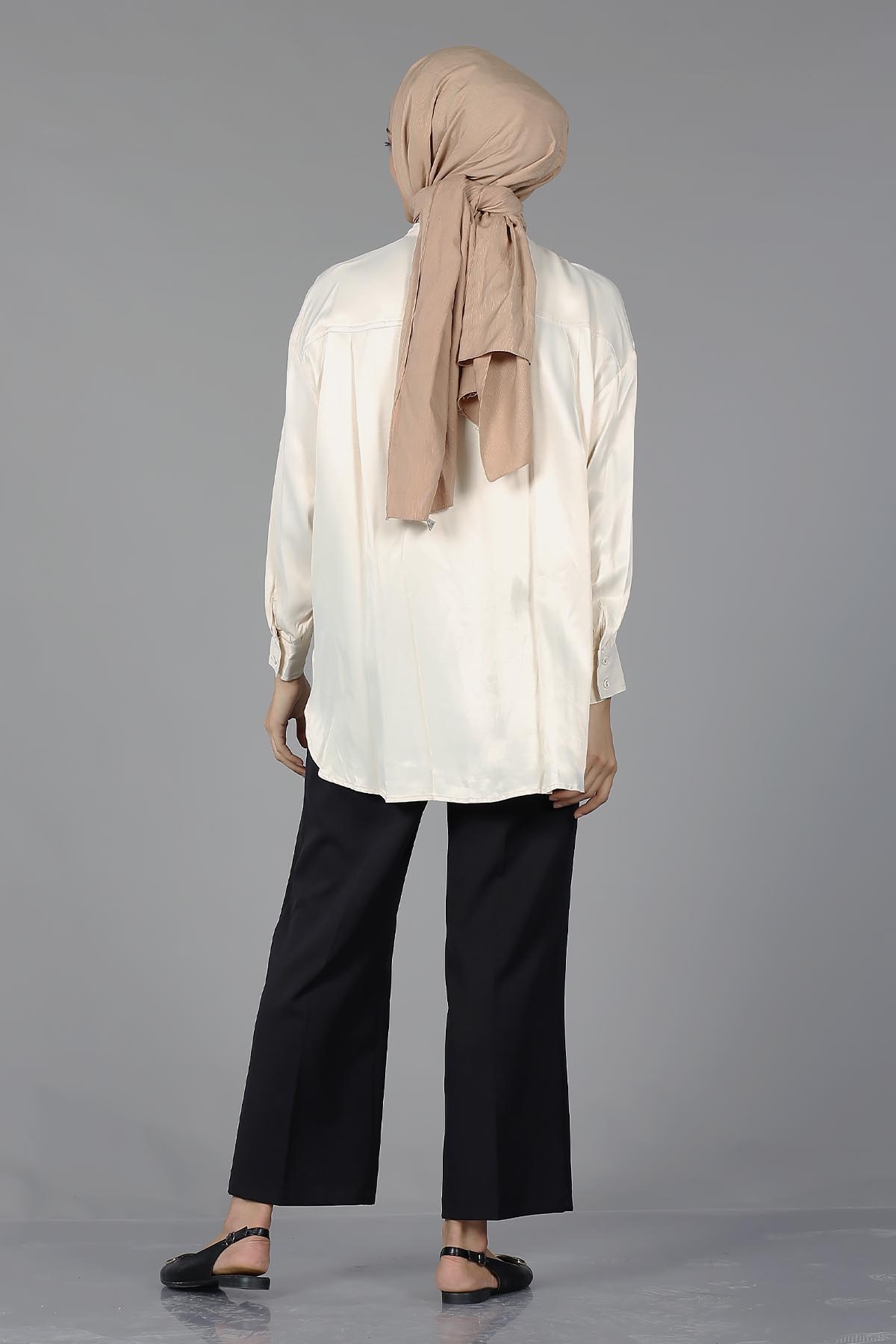 26985 Saten Gömlek Tek - Bej - 5