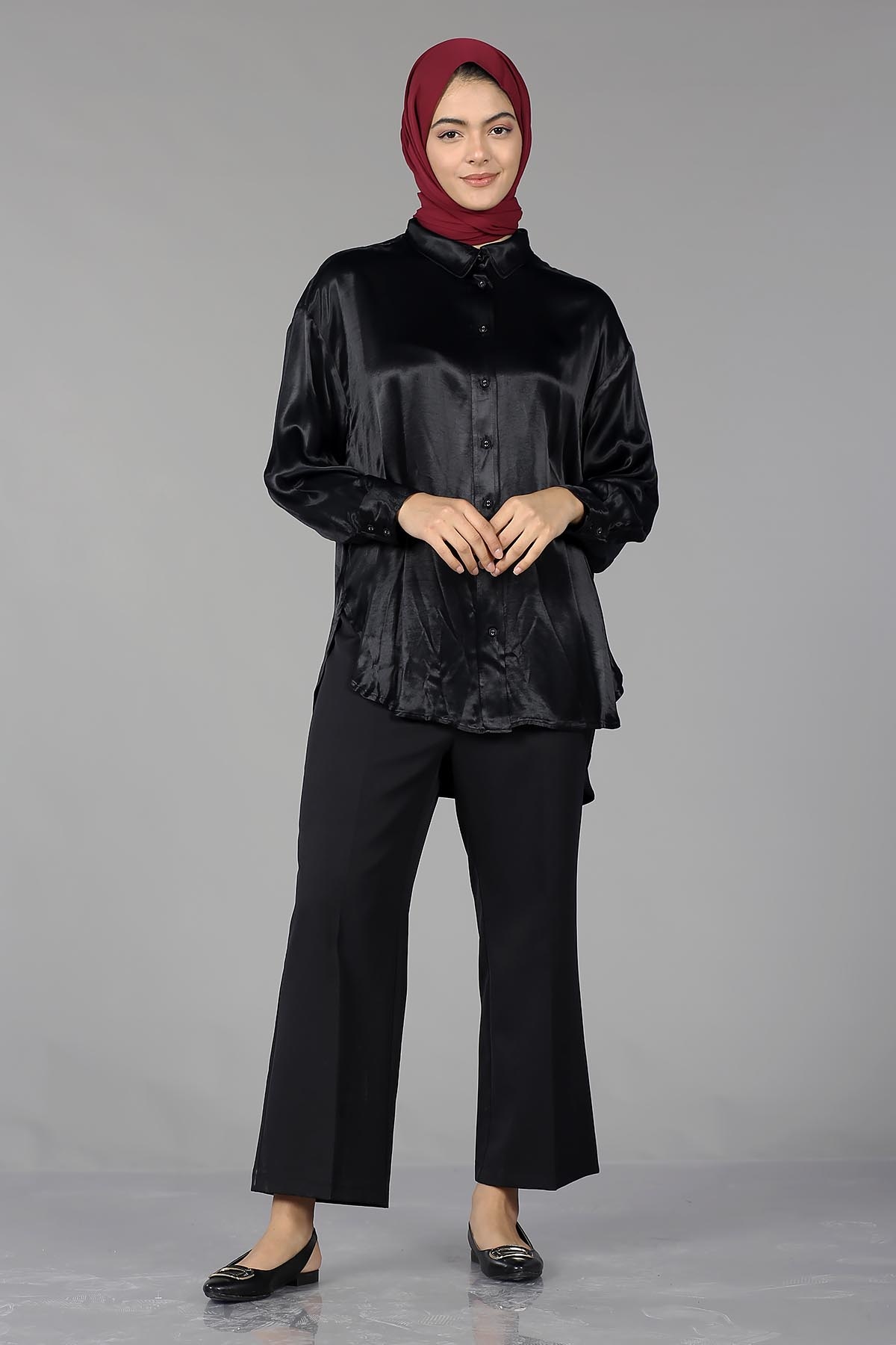 26985 Saten Gömlek Tek - Siyah - 1