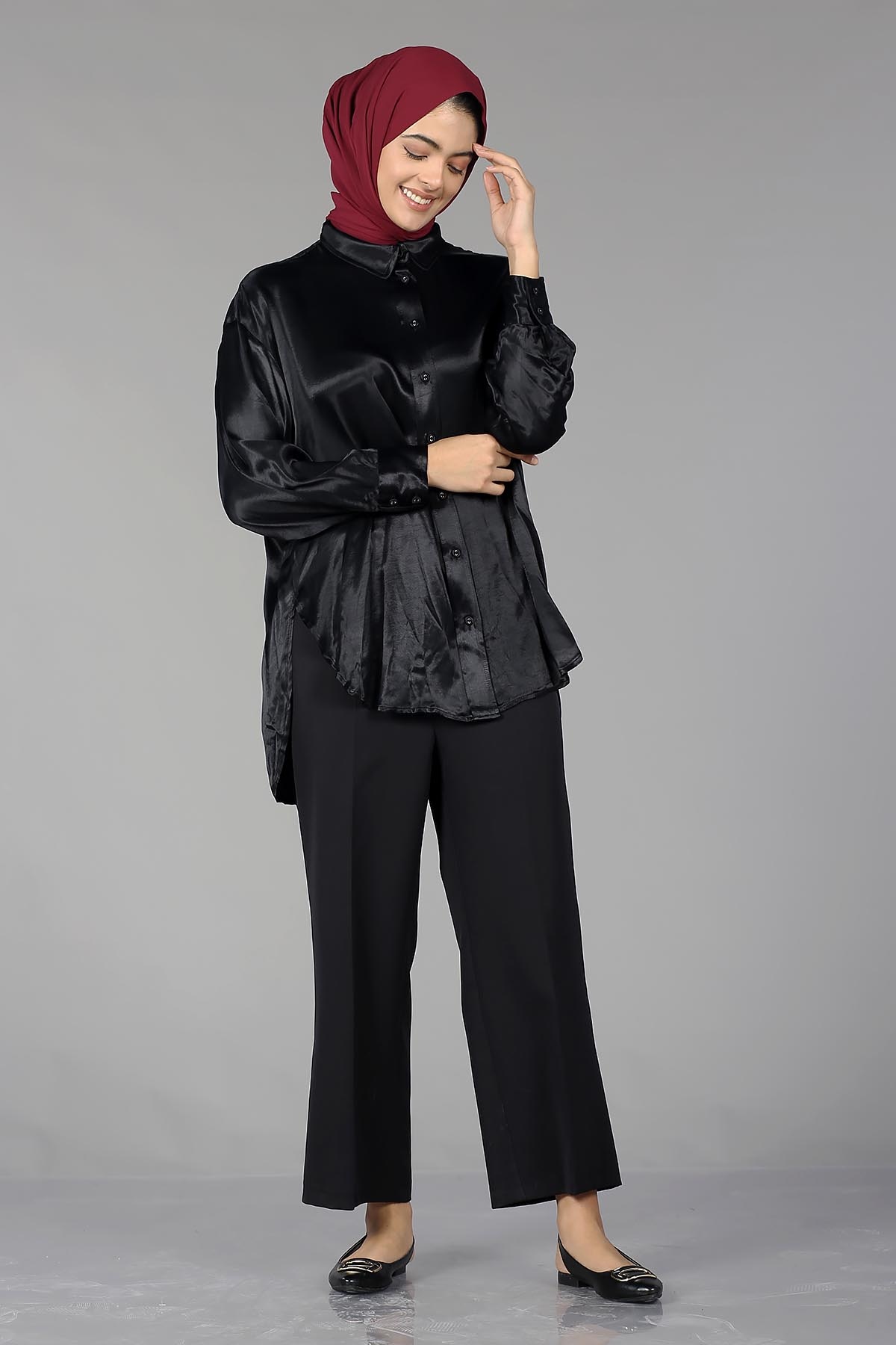 26985 Saten Gömlek Tek - Siyah - 2