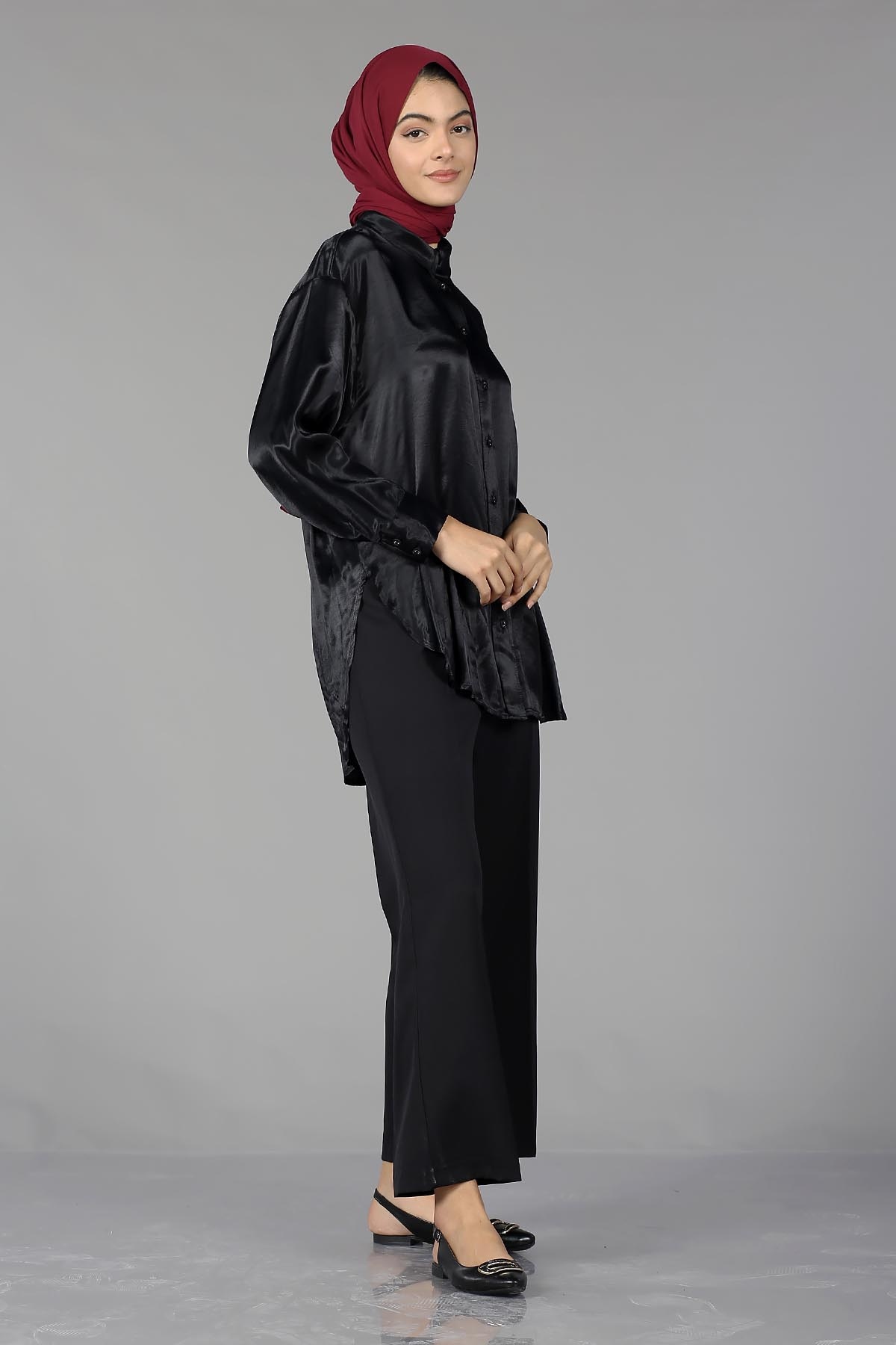 26985 Saten Gömlek Tek - Siyah - 3