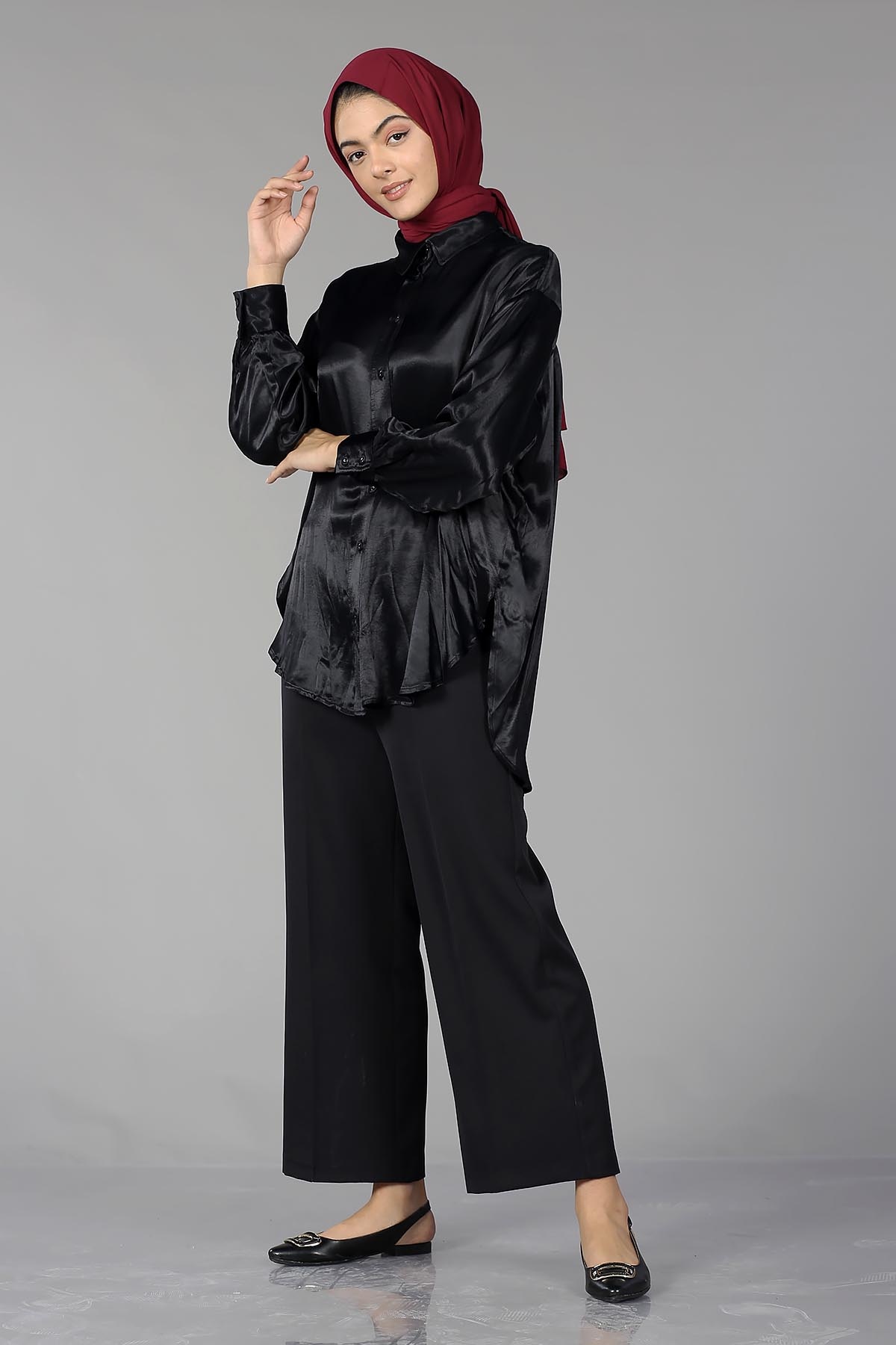 26985 Saten Gömlek Tek - Siyah - 4