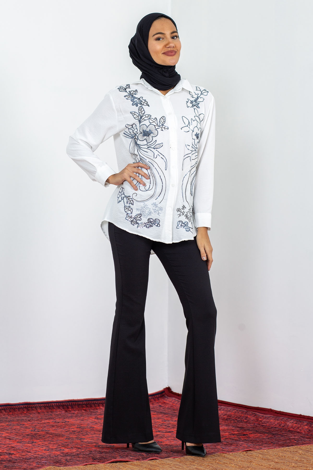 2749 Bluz 38-42 İşleme - Beyaz - 2