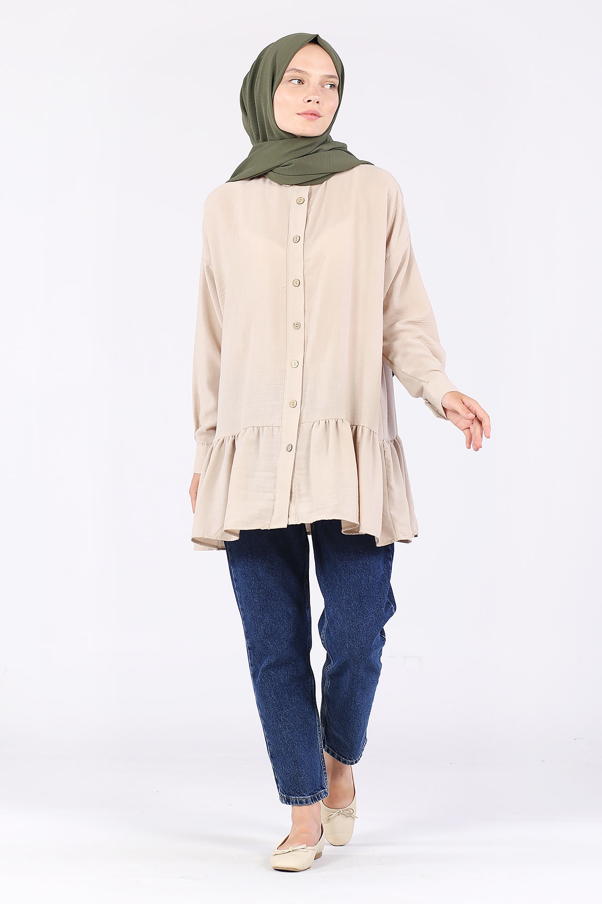 Eteği Büzgülü Kolu Manşetli Tunik Bej - 1