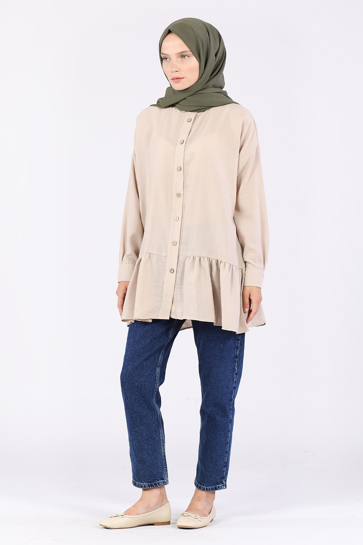Eteği Büzgülü Kolu Manşetli Tunik Bej - 2