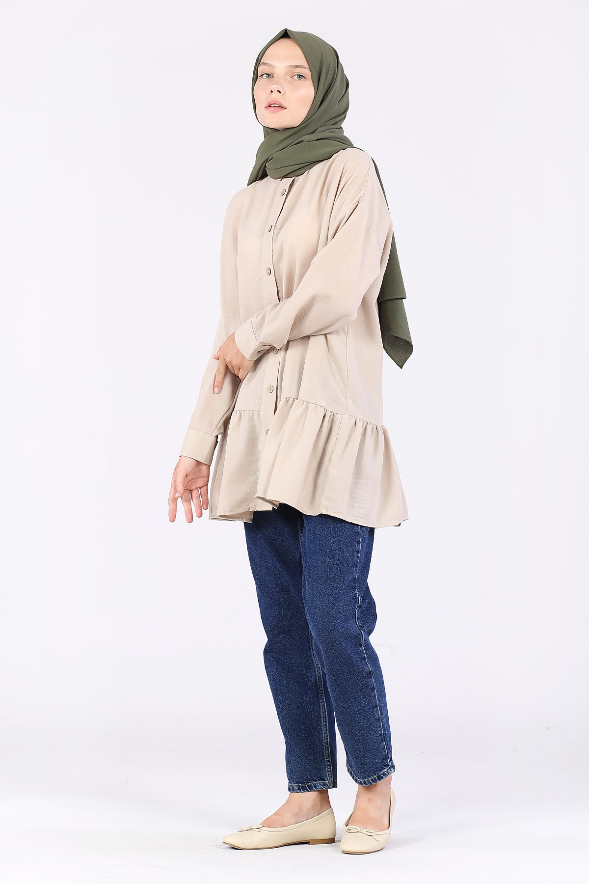 Eteği Büzgülü Kolu Manşetli Tunik Bej - 3