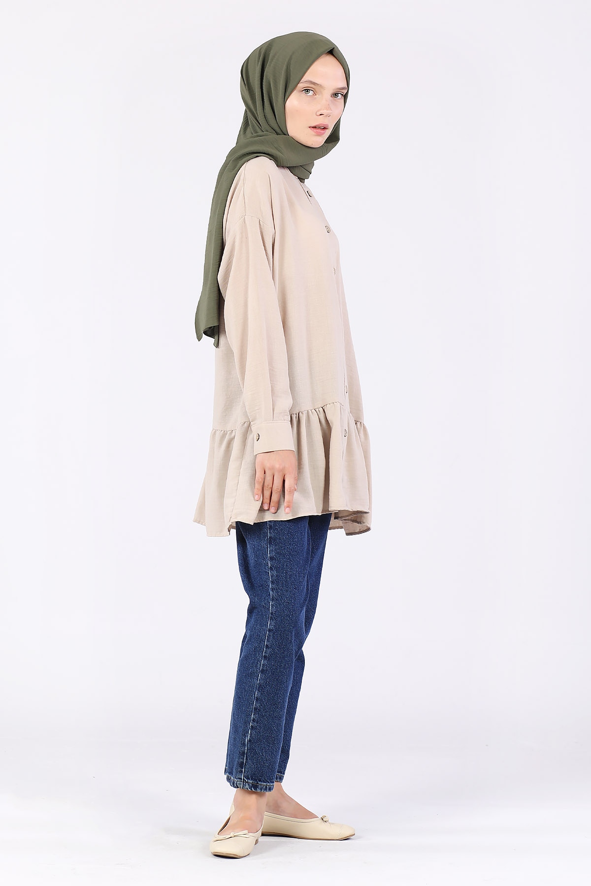 Eteği Büzgülü Kolu Manşetli Tunik Bej - 5