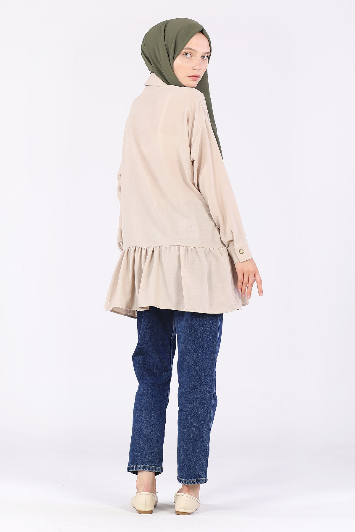 Eteği Büzgülü Kolu Manşetli Tunik Bej - 6