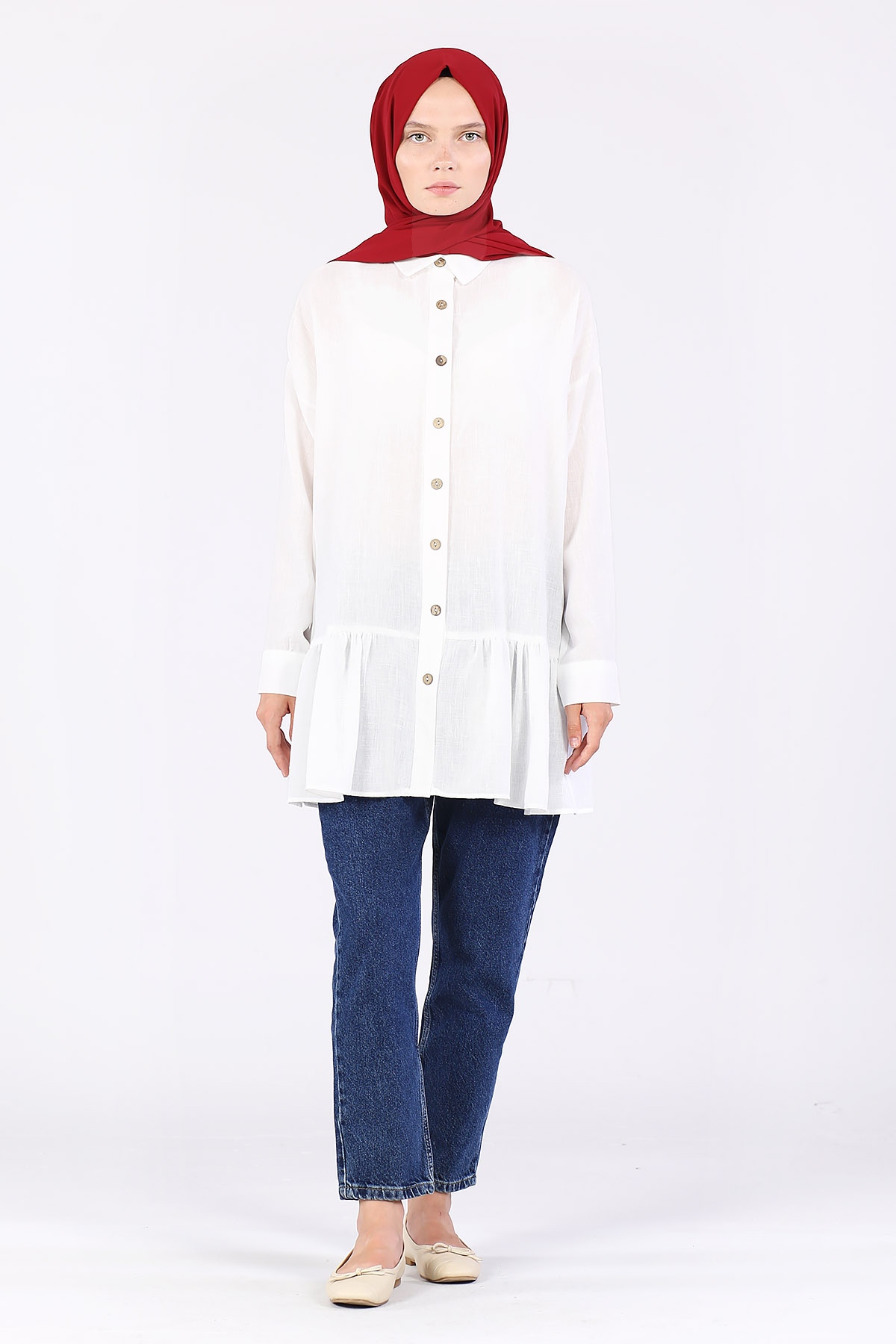Eteği Büzgülü Kolu Manşetli Tunik Ekru - 1