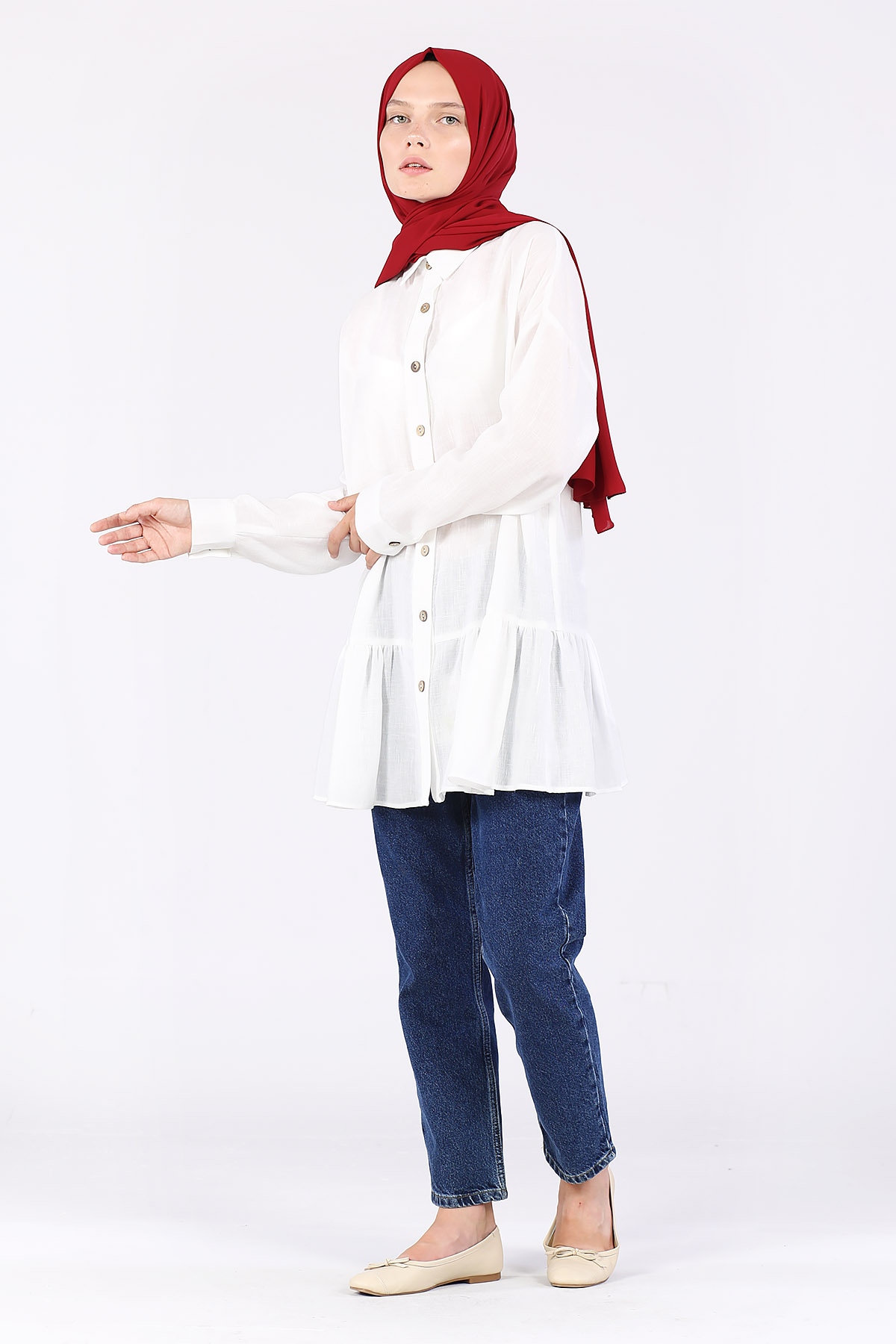 Eteği Büzgülü Kolu Manşetli Tunik Ekru - 2