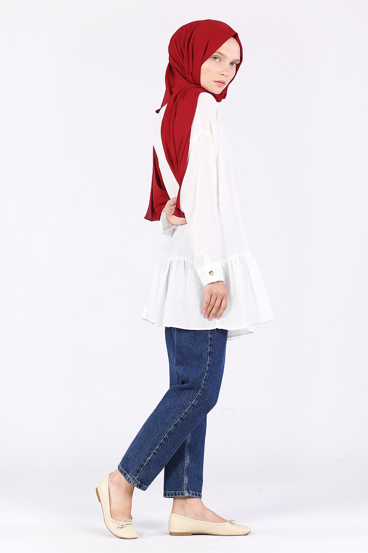 Eteği Büzgülü Kolu Manşetli Tunik Ekru - 3