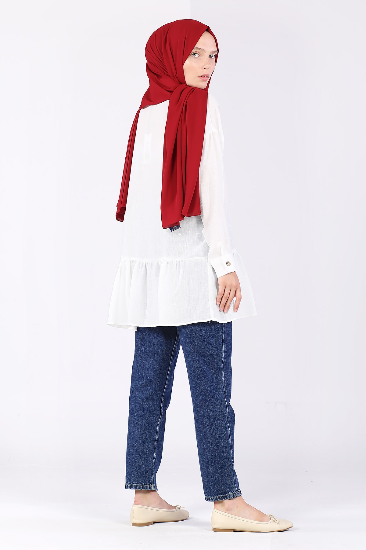 Eteği Büzgülü Kolu Manşetli Tunik Ekru - 4