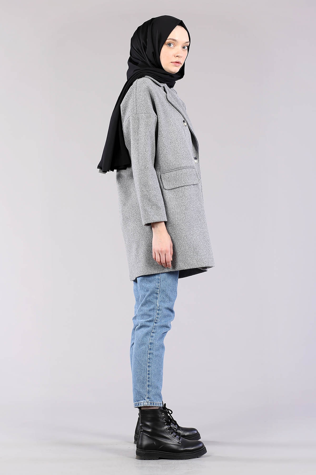 28175 Kruvaze Yaka Kap Tek - Gri - 3