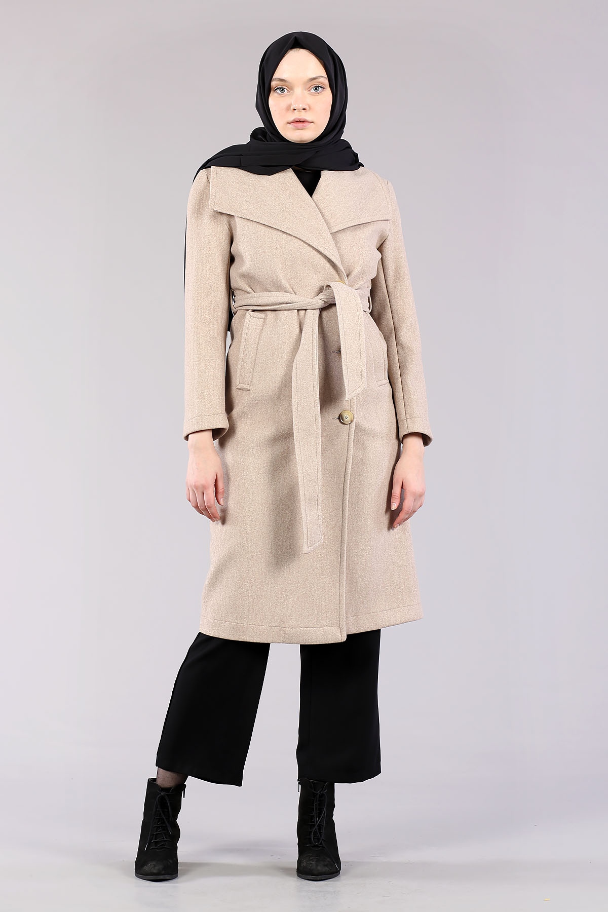 28311 Geniş Yaka Palto S-m-l-xl - Bej - 1