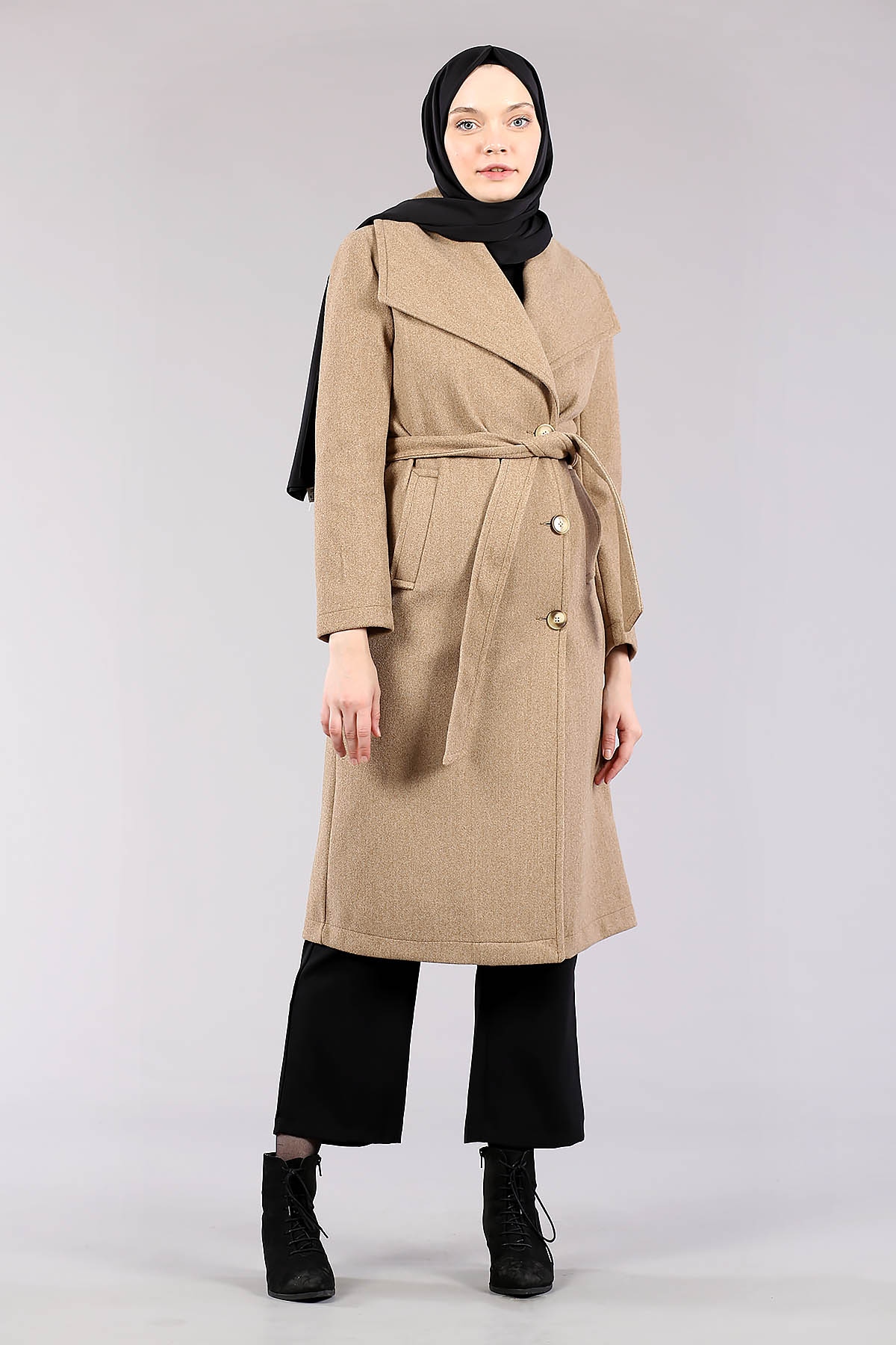28311 Geniş Yaka Palto S-m-l-xl - Kahve - 1